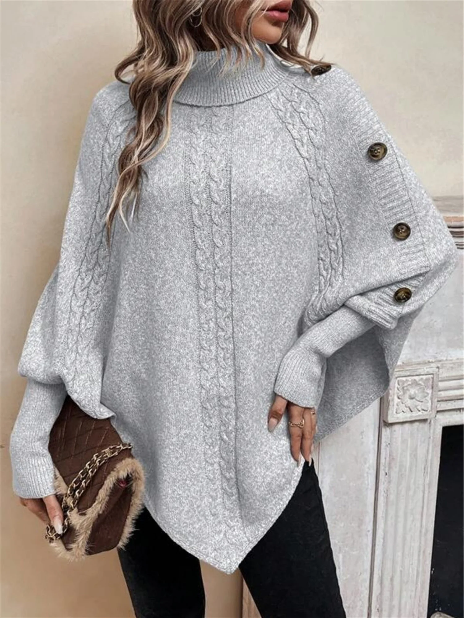 Turtleneck Buttons Batwing Shirt Cable Knit Sweater - Image 4