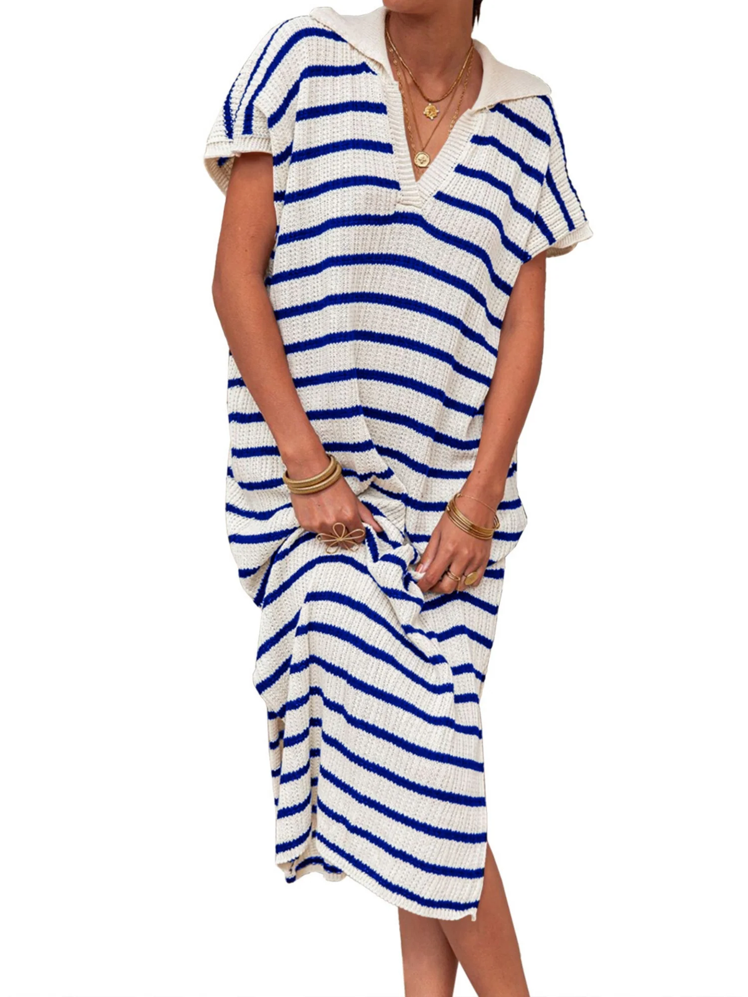 Stripes V-neck Short Sleeve Low-split Lapel Maxi Dresses - Image 10