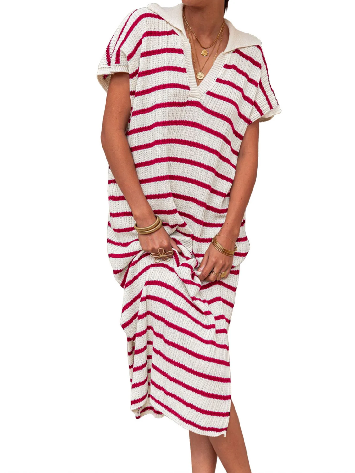 Stripes V-neck Short Sleeve Low-split Lapel Maxi Dresses - Image 11
