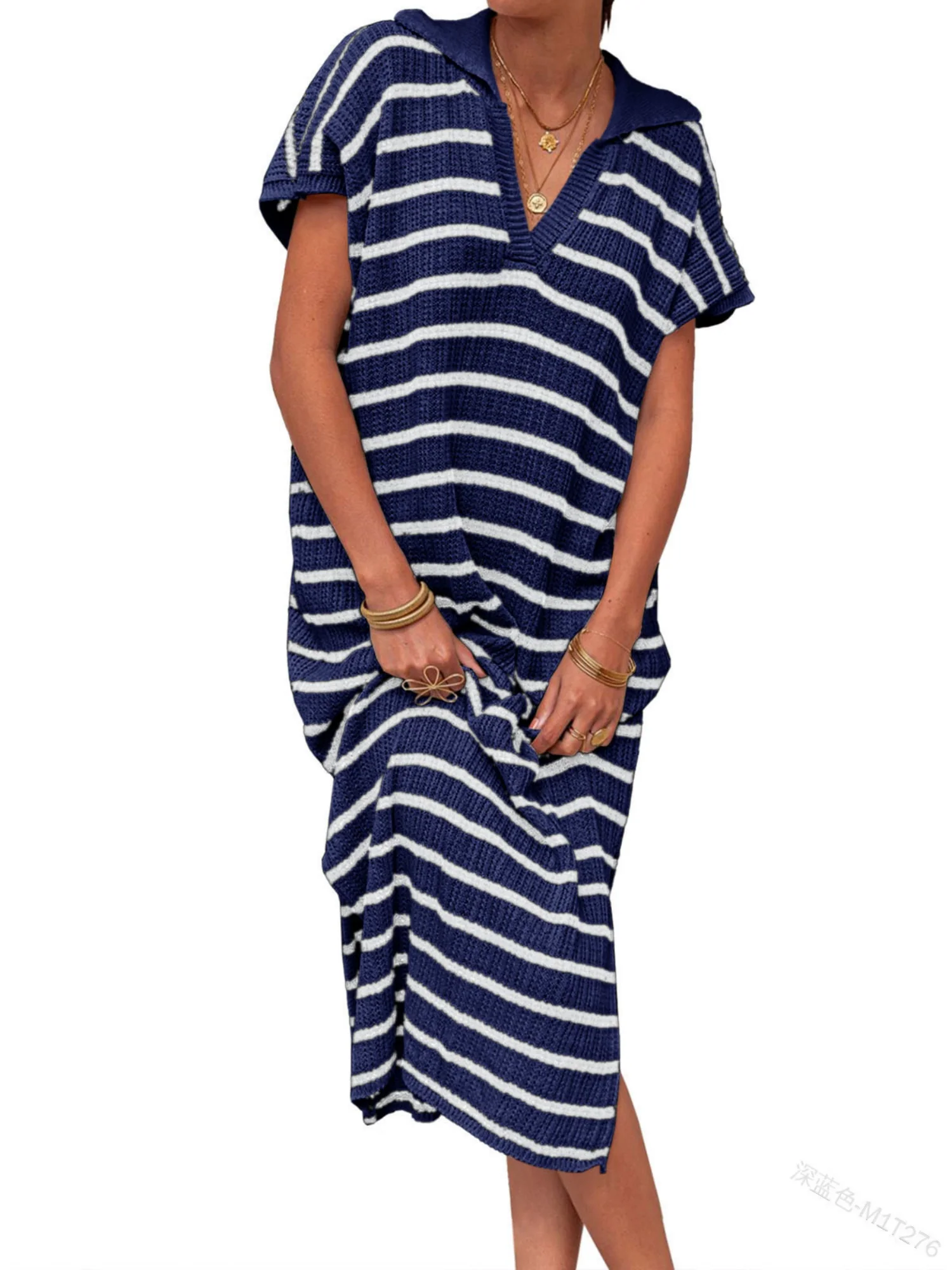 Stripes V-neck Short Sleeve Low-split Lapel Maxi Dresses - Image 13