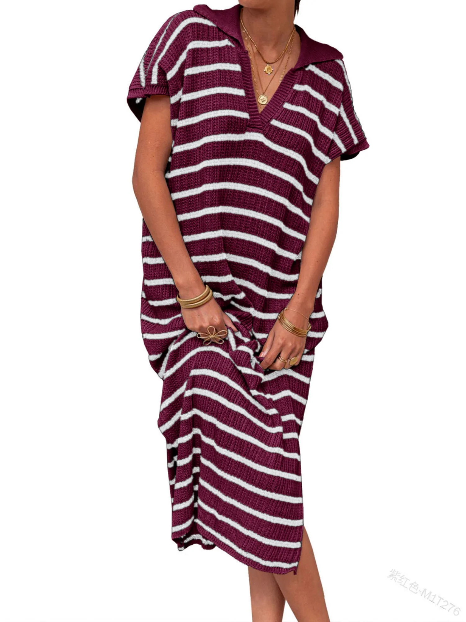 Stripes V-neck Short Sleeve Low-split Lapel Maxi Dresses - Image 14