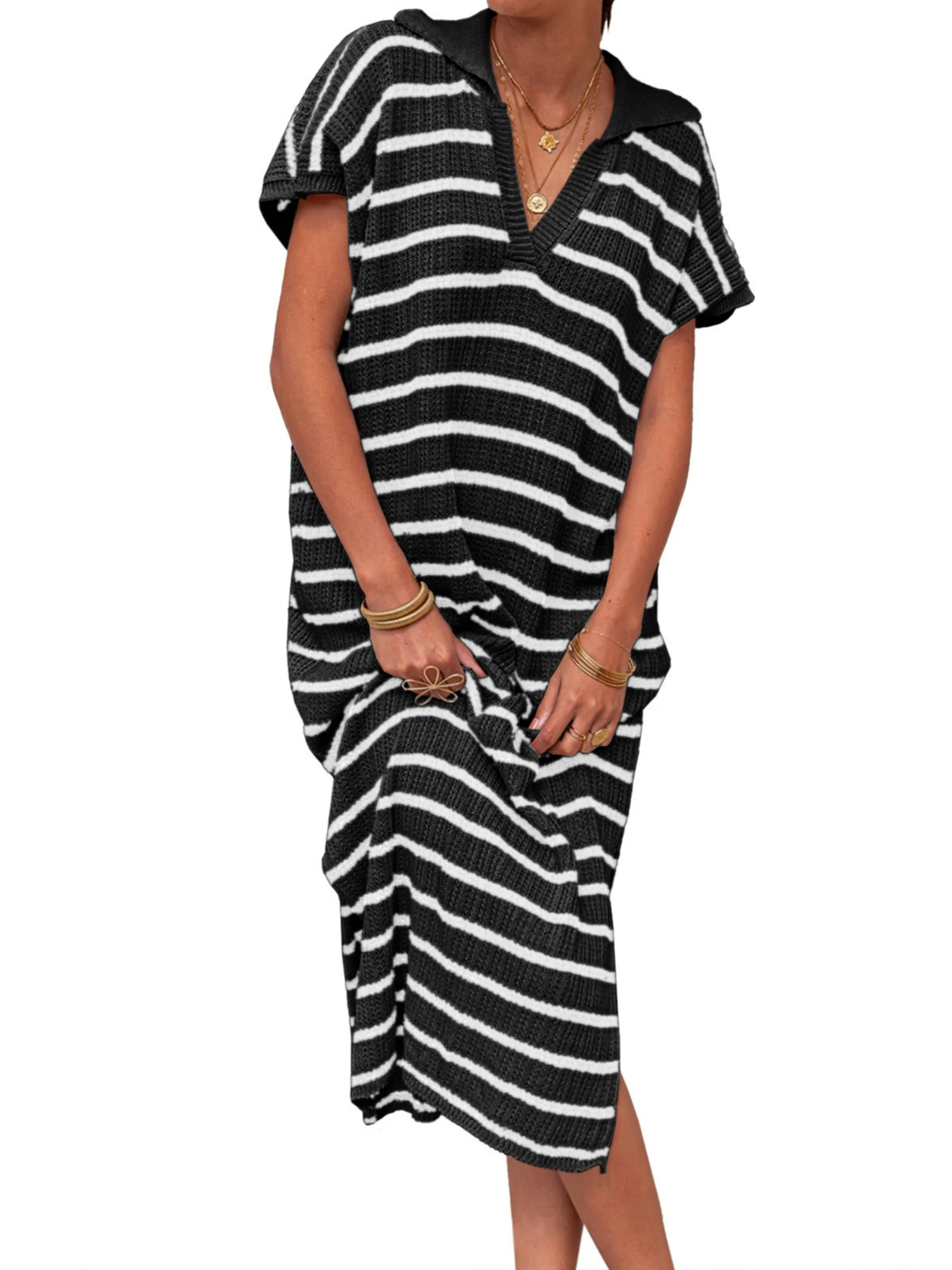 Stripes V-neck Short Sleeve Low-split Lapel Maxi Dresses - Image 3