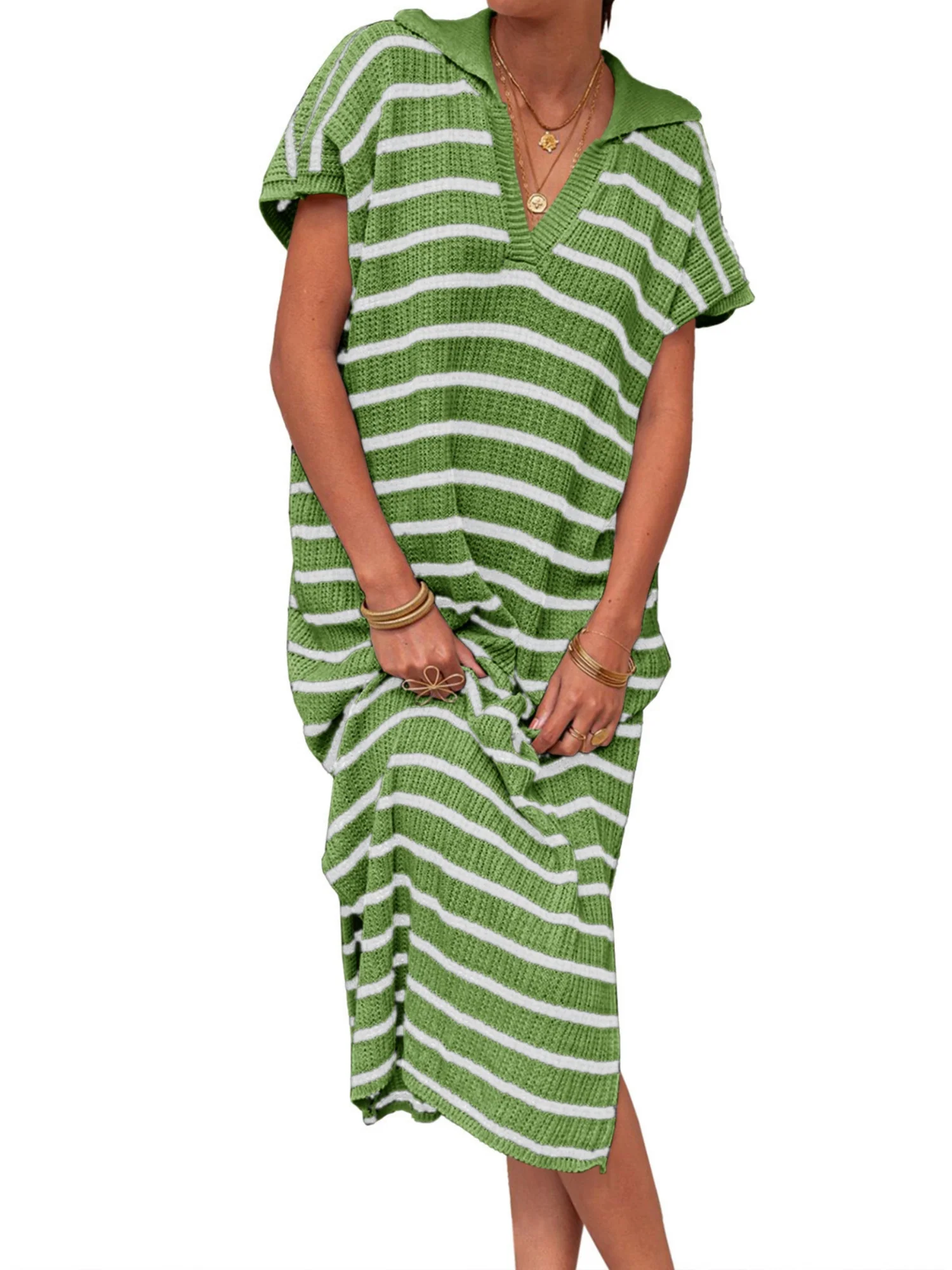 Stripes V-neck Short Sleeve Low-split Lapel Maxi Dresses - Image 4