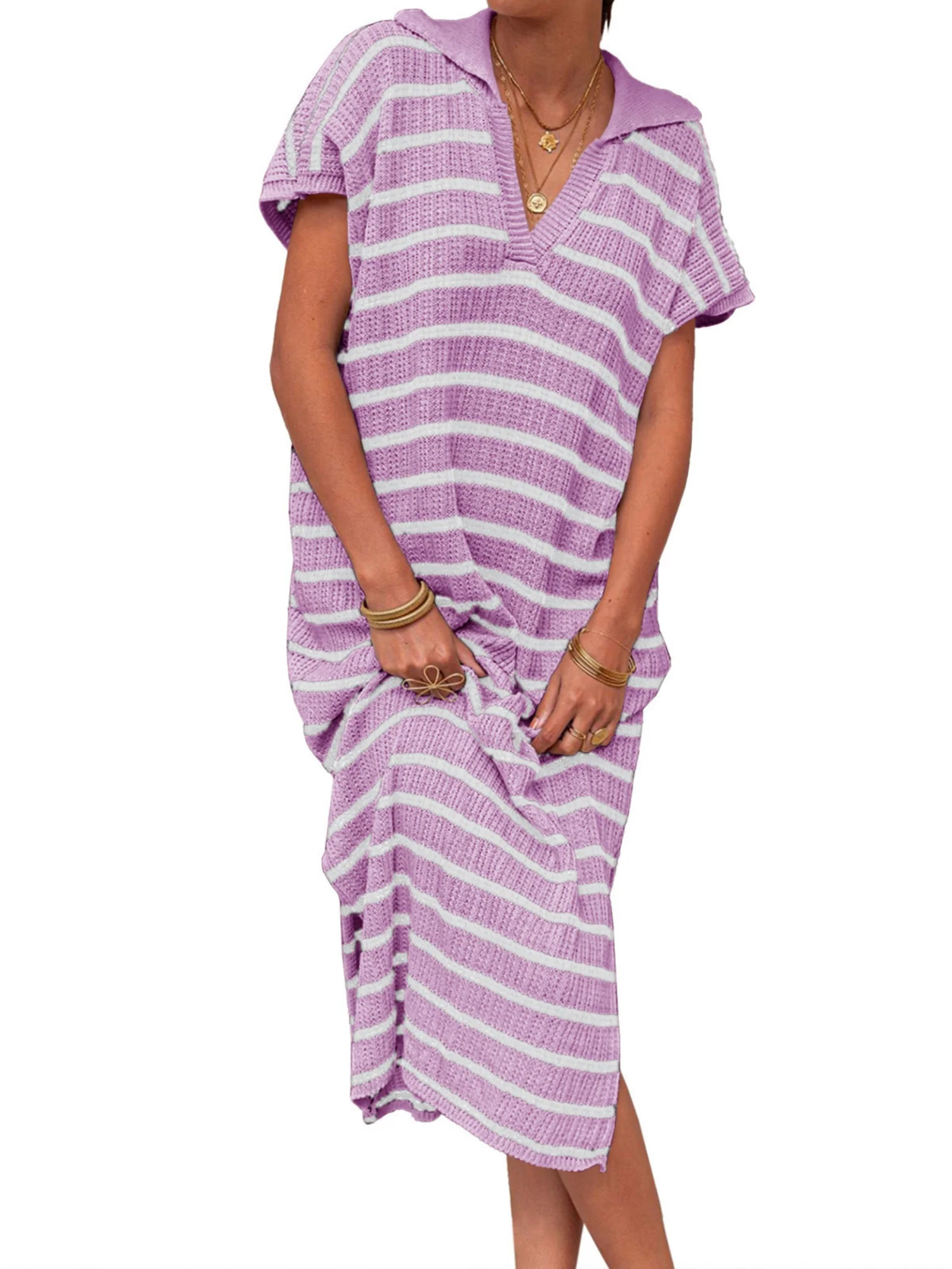 Stripes V-neck Short Sleeve Low-split Lapel Maxi Dresses - Image 6