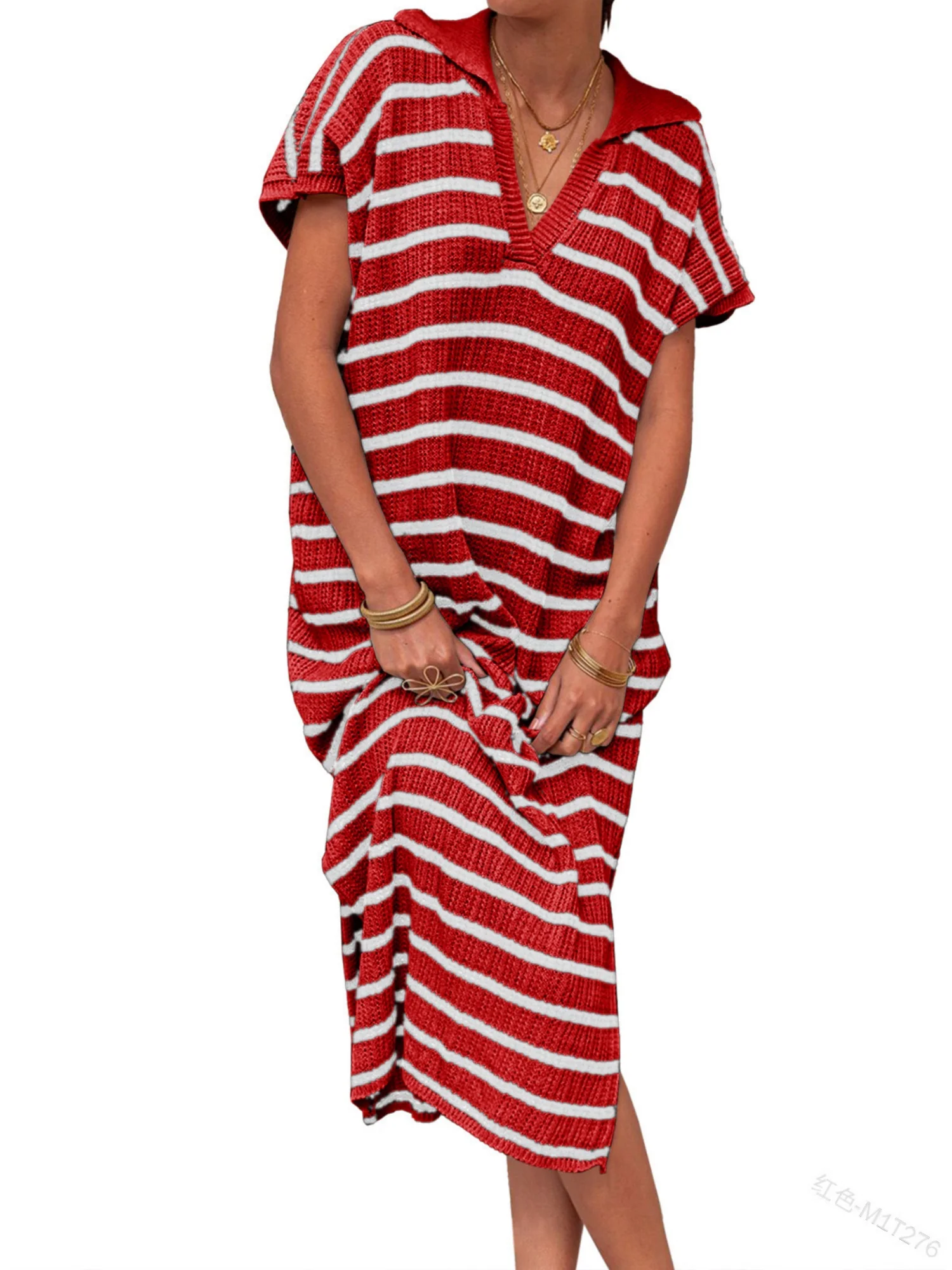 Stripes V-neck Short Sleeve Low-split Lapel Maxi Dresses - Image 7