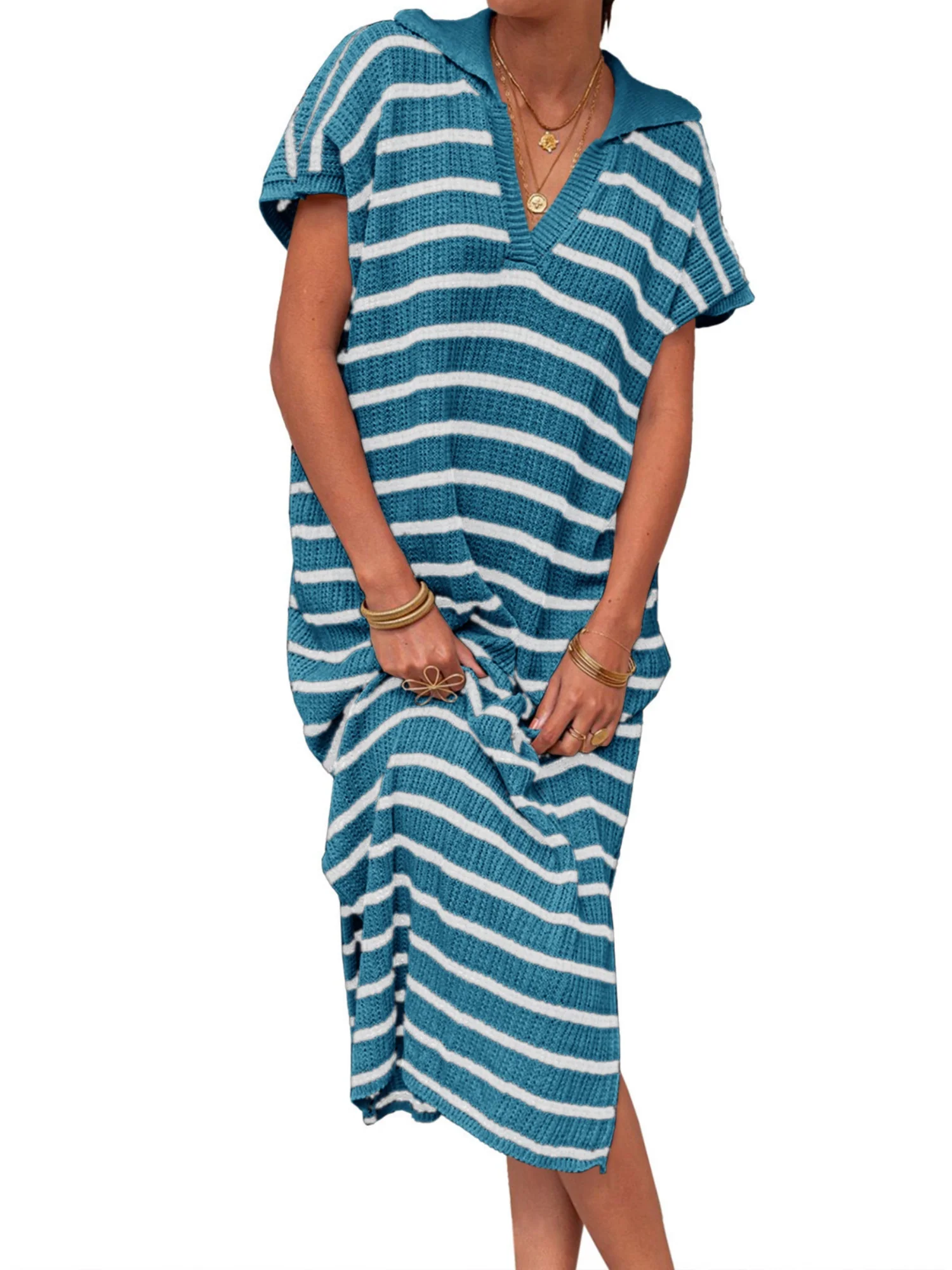 Stripes V-neck Short Sleeve Low-split Lapel Maxi Dresses - Image 8