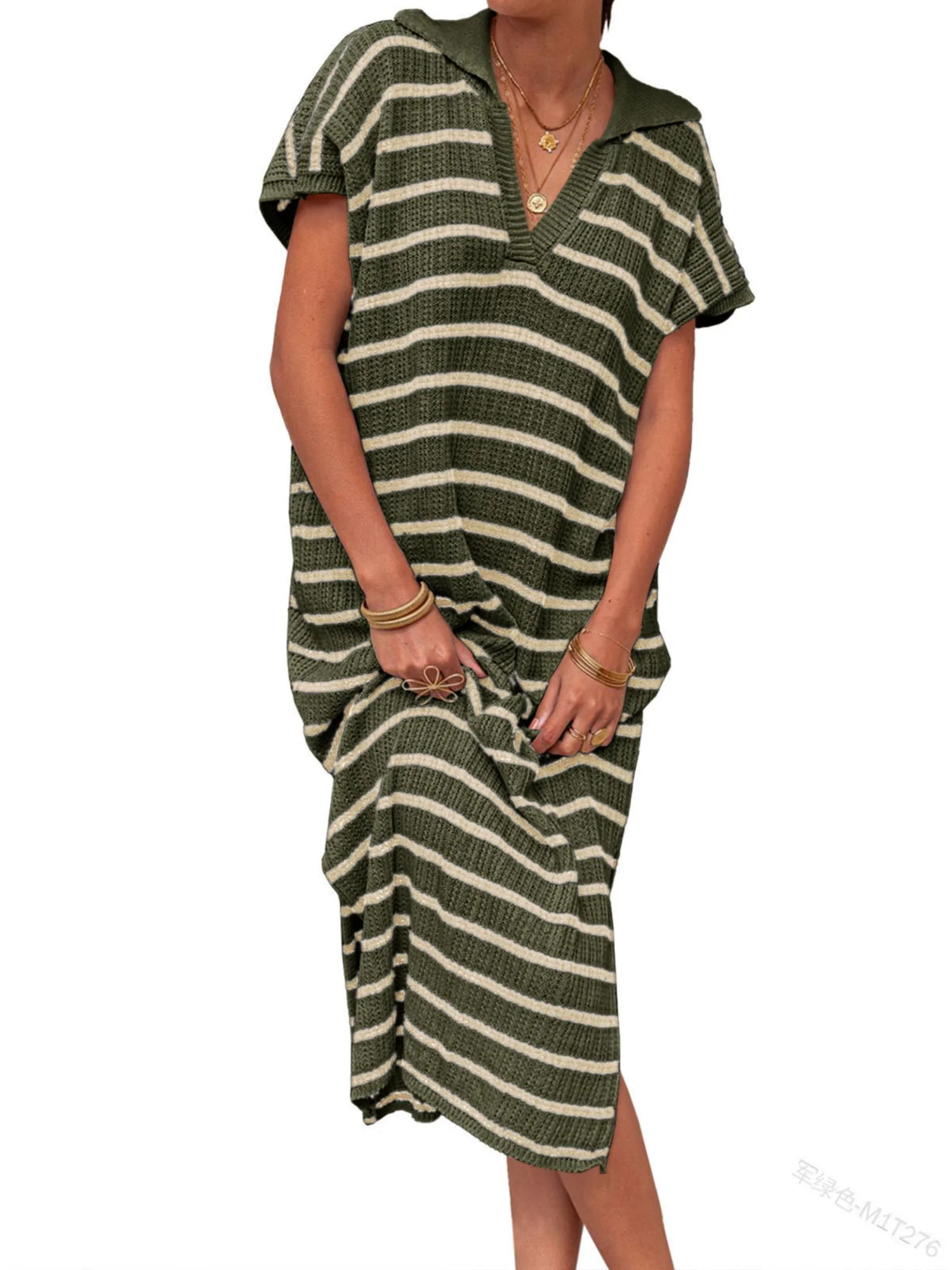 Stripes V-neck Short Sleeve Low-split Lapel Maxi Dresses - Image 9