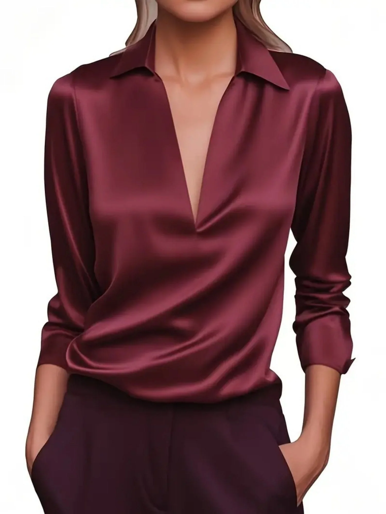 Satin Deep V-neck Long Sleeves Blouse - Image 6