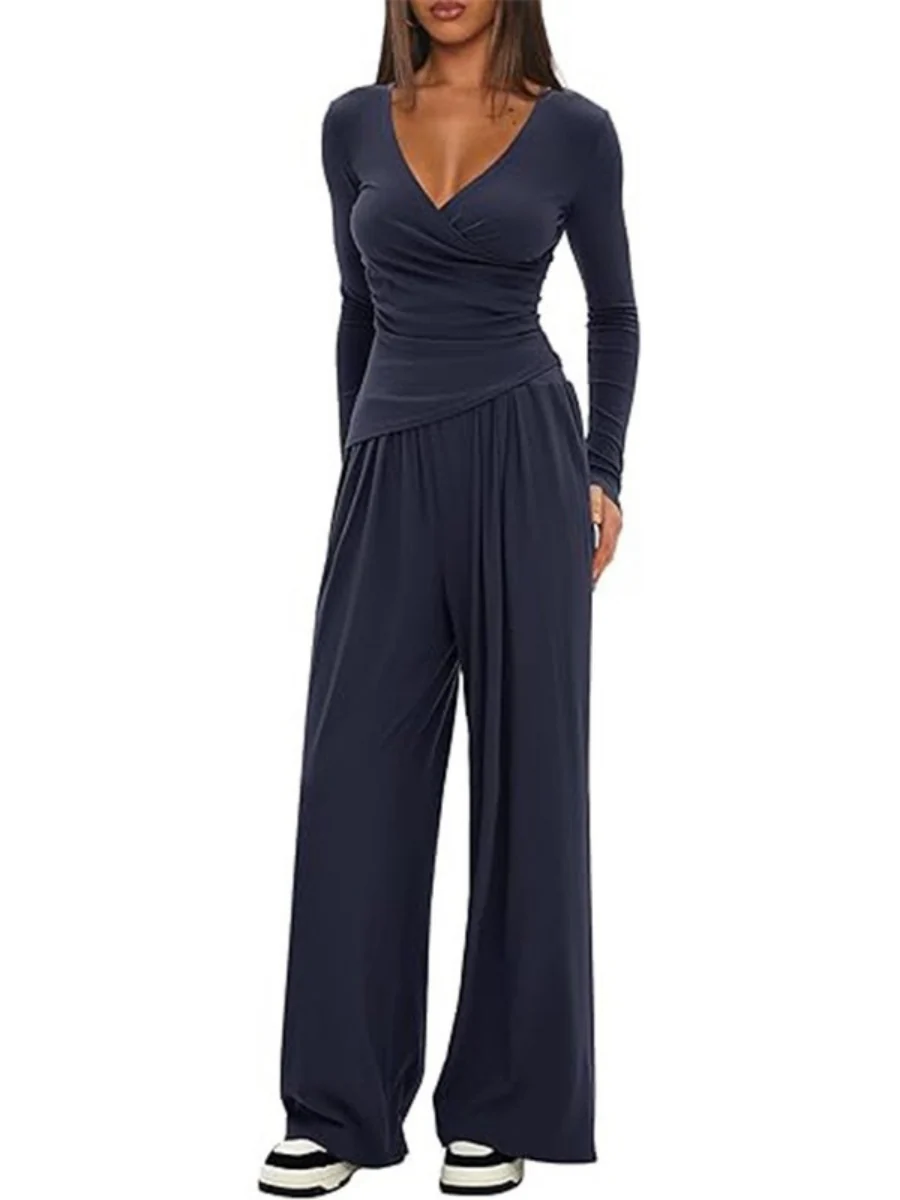 Long Sleeve V-neck T-shirt Loose-fit Wide-leg Pants Leisure 2-piece Sets