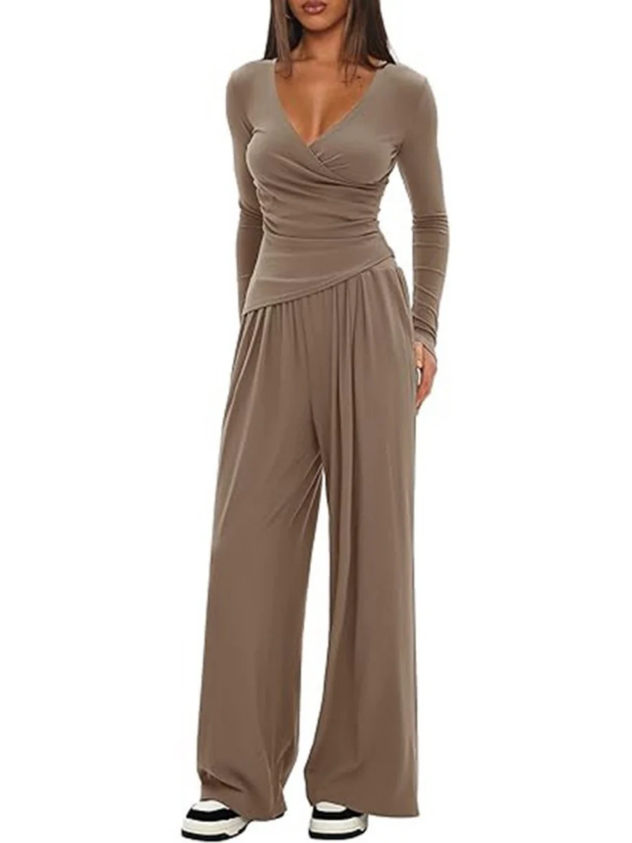 Long Sleeve V-neck T-shirt Loose-fit Wide-leg Pants Leisure 2-piece Sets - Image 12