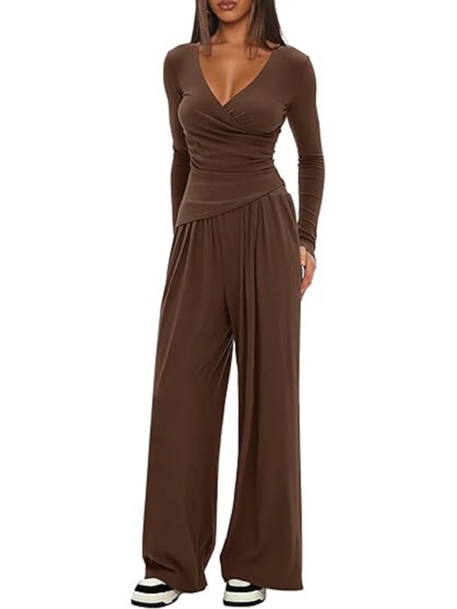 Long Sleeve V-neck T-shirt Loose-fit Wide-leg Pants Leisure 2-piece Sets - Image 9