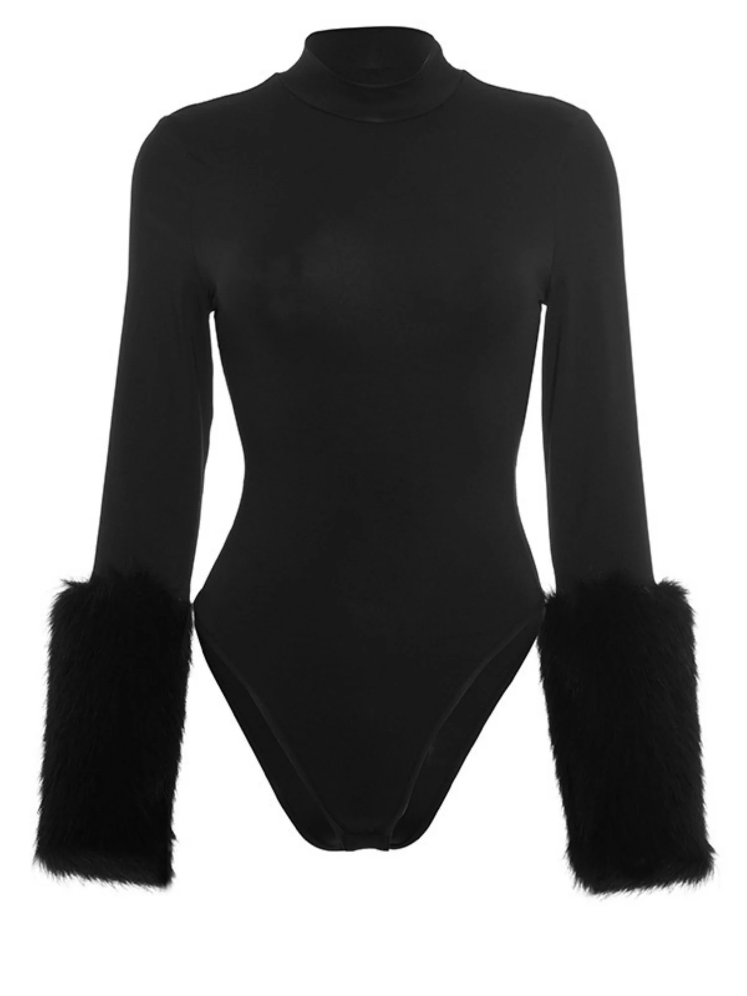 Fur Trim On Cuffs Solid Color Bodysuit - Image 6