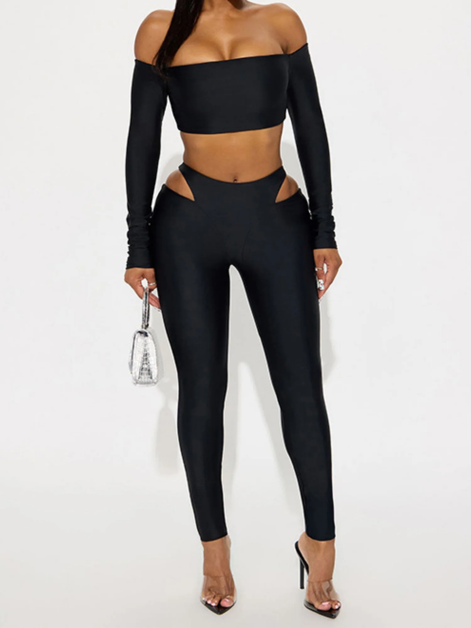 Hollow Out Off-shoulder Long-sleeved Short Top Tight Pants 2-piece Sets