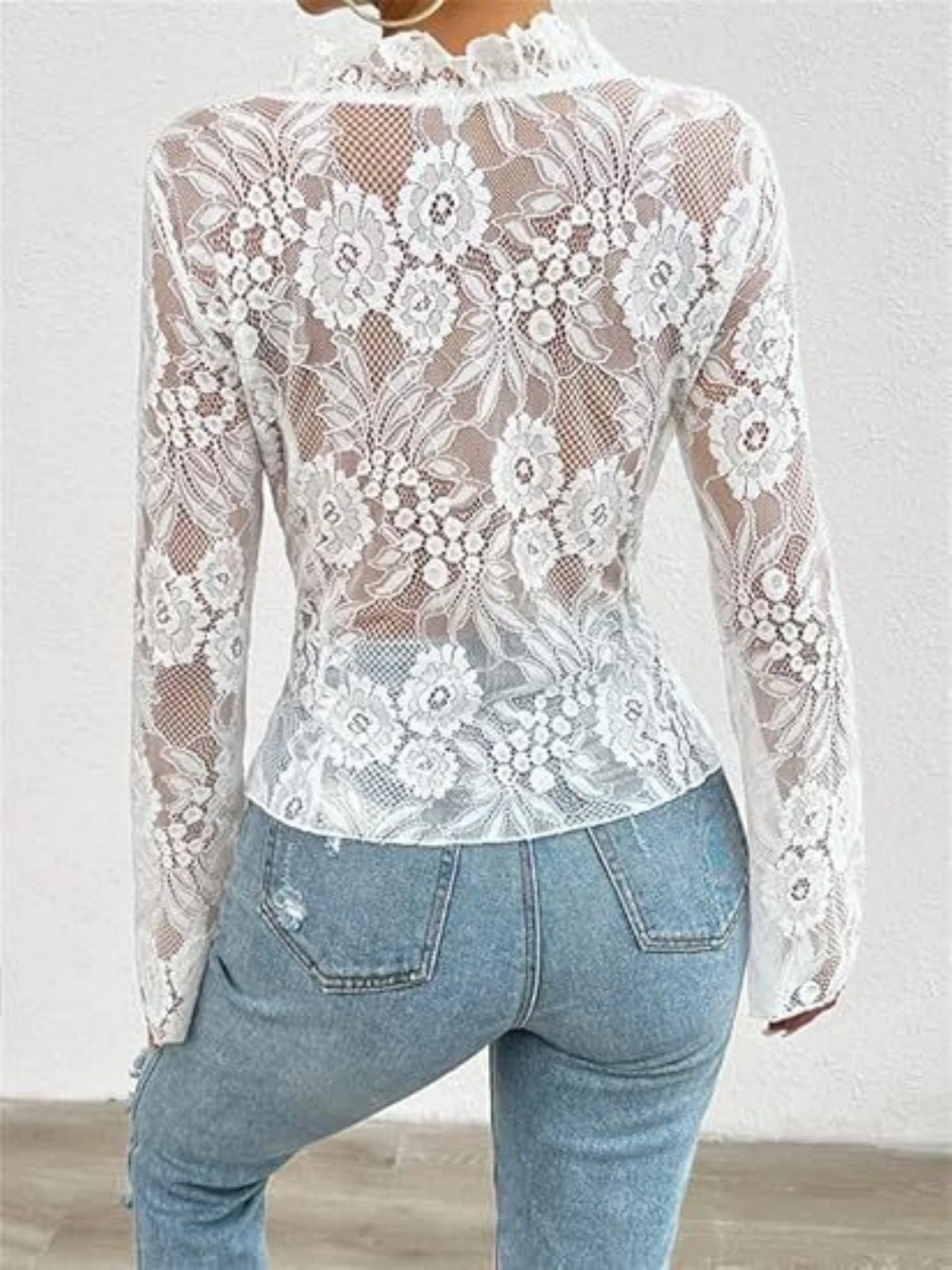 Lace See-through Ruffle Open Front With Tie Sweet T-shirts - Image 6