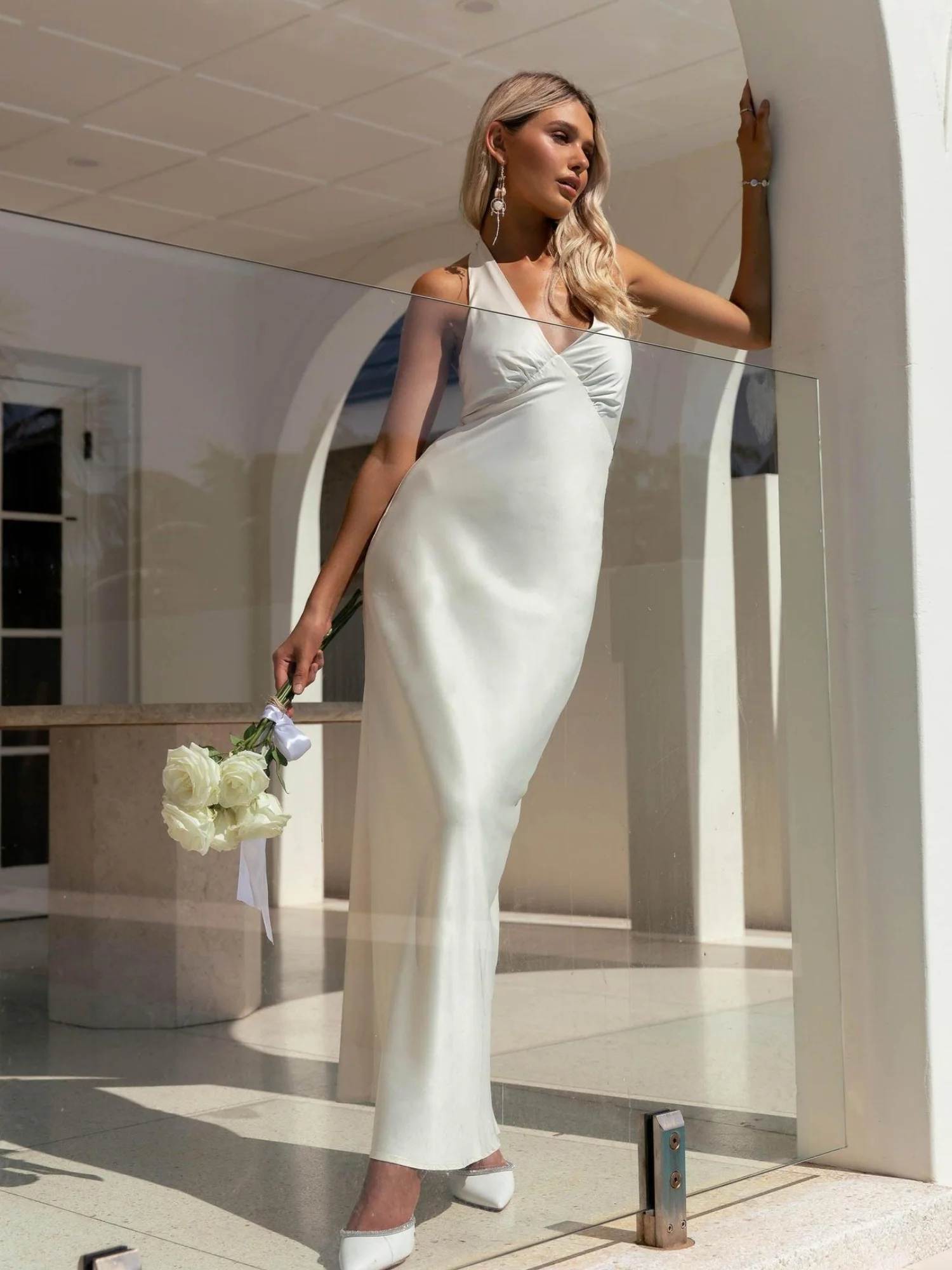 Satin V-neck Halter Neck Backless Strappy Maxi Dresses - Image 13