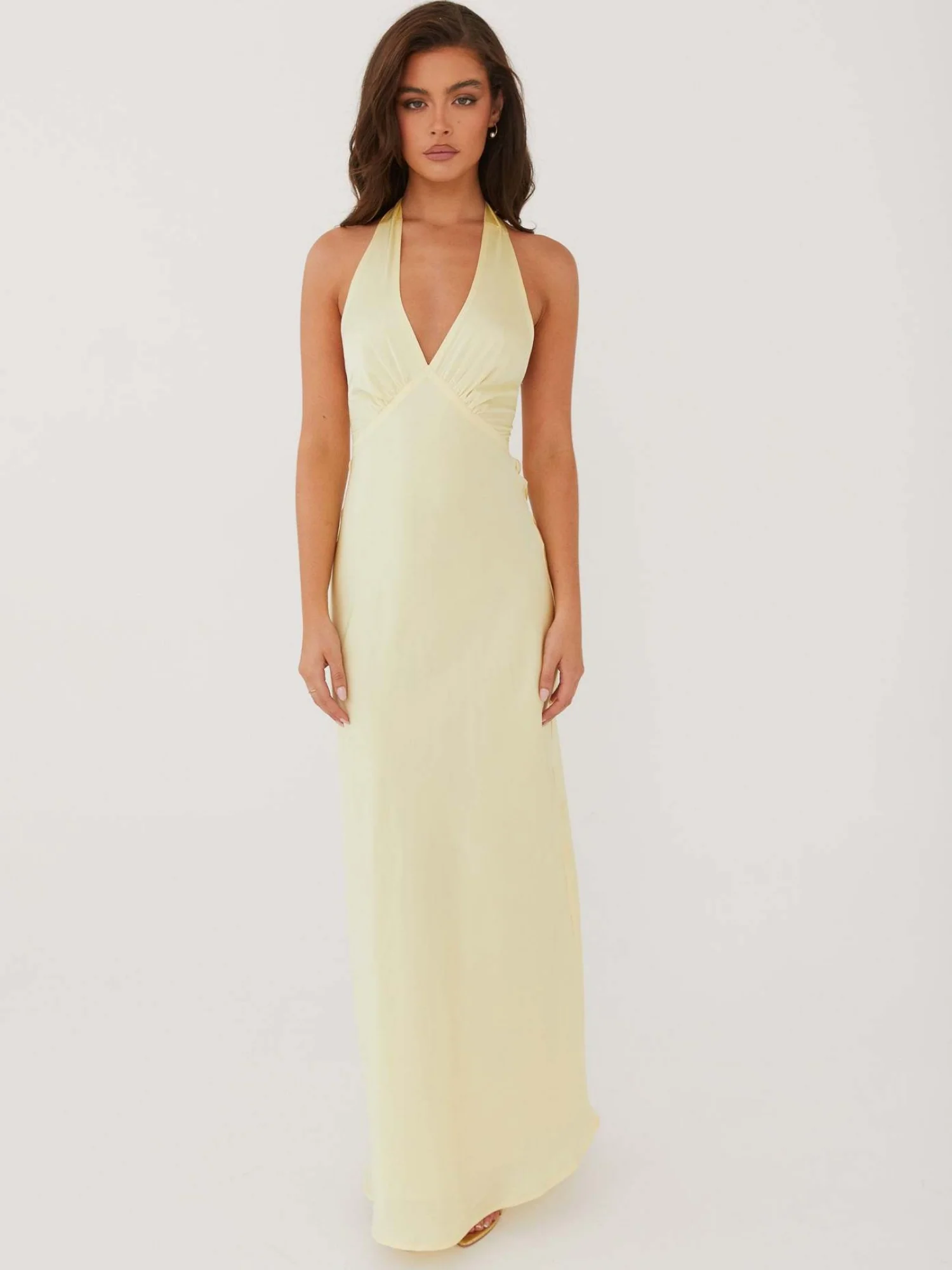 Satin V-neck Halter Neck Backless Strappy Maxi Dresses - Image 17