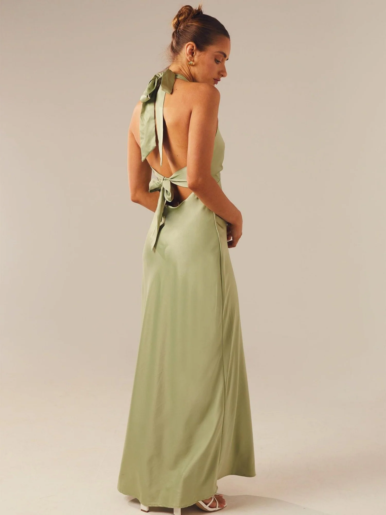 Satin V-neck Halter Neck Backless Strappy Maxi Dresses - Image 2