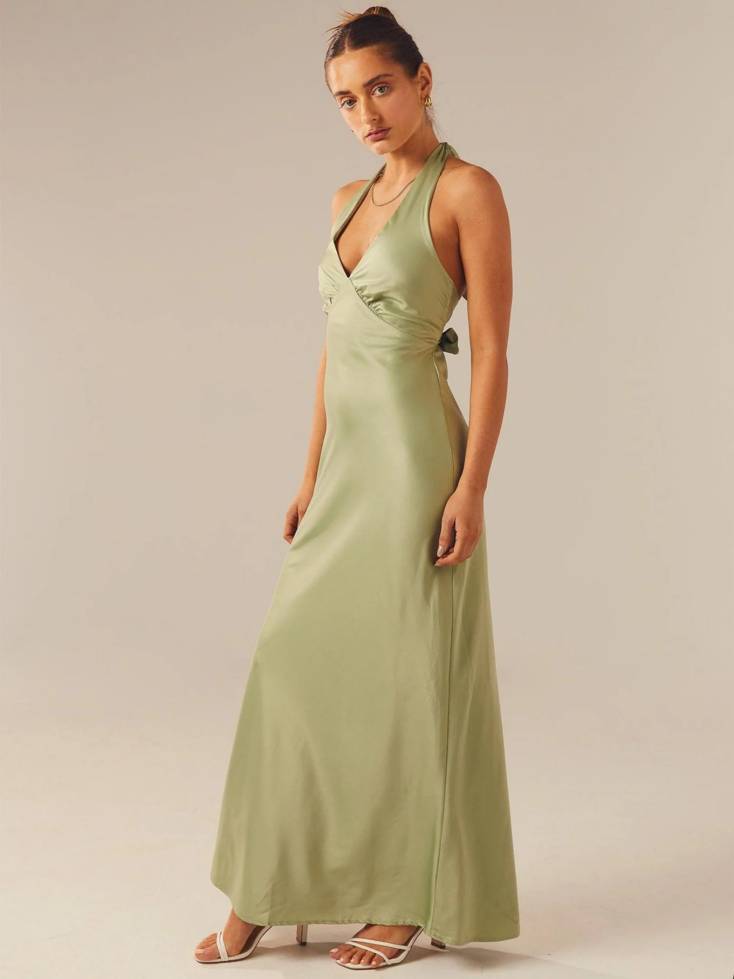 Satin V-neck Halter Neck Backless Strappy Maxi Dresses - Image 3