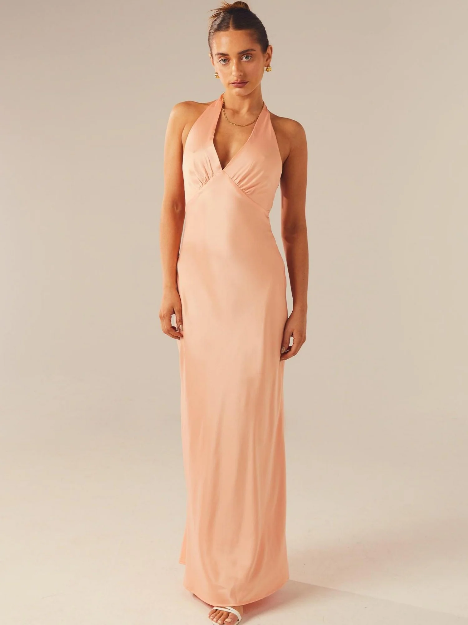 Satin V-neck Halter Neck Backless Strappy Maxi Dresses - Image 9