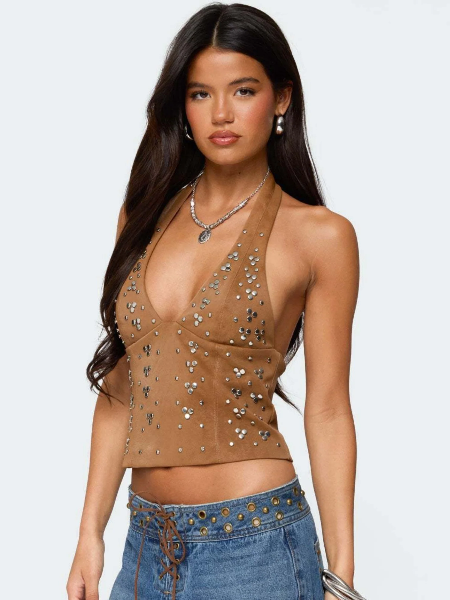 Rivets V-neck Halter Neck Backless Tank Tops - Image 3