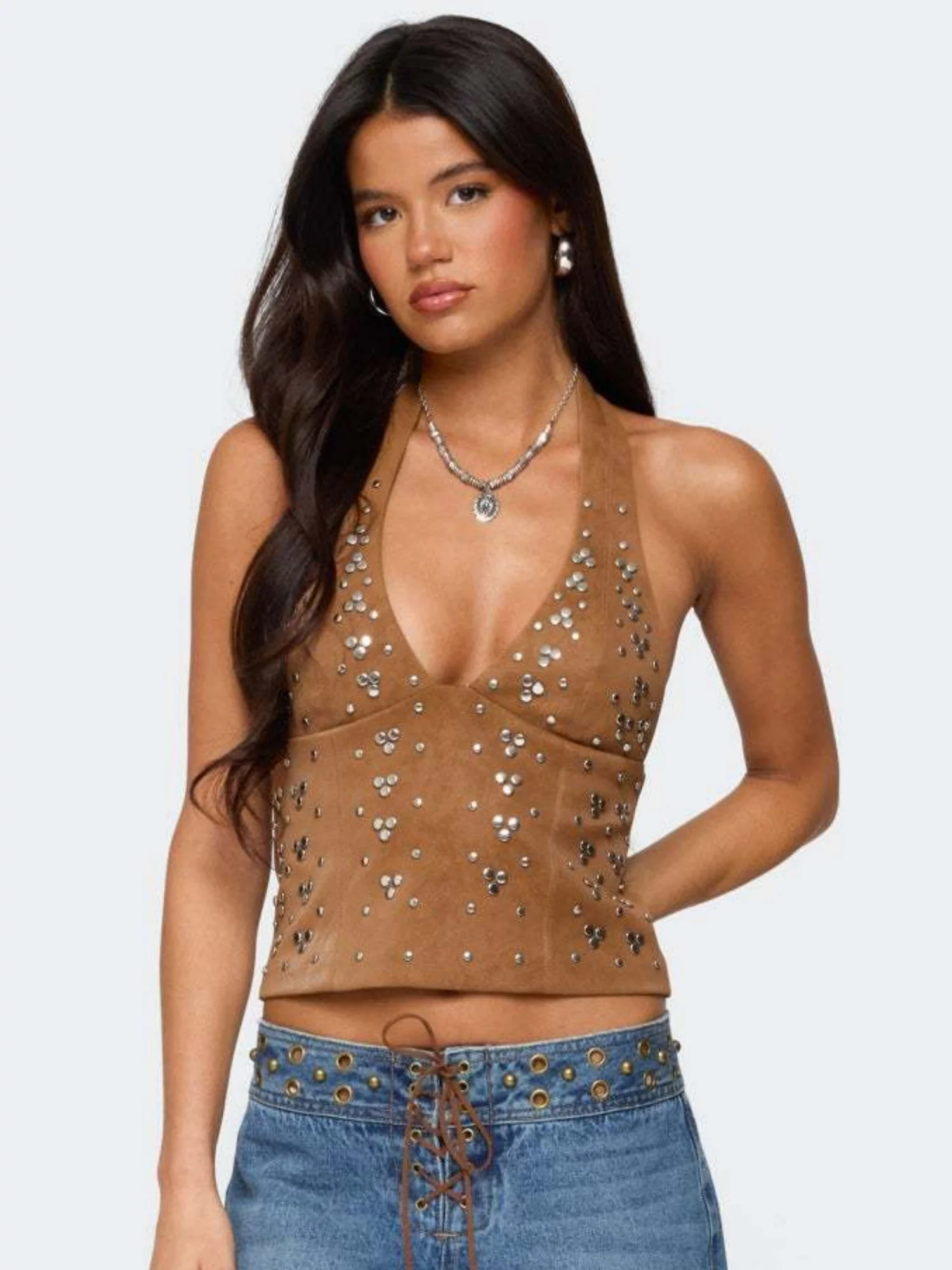 Rivets V-neck Halter Neck Backless Tank Tops - Image 4