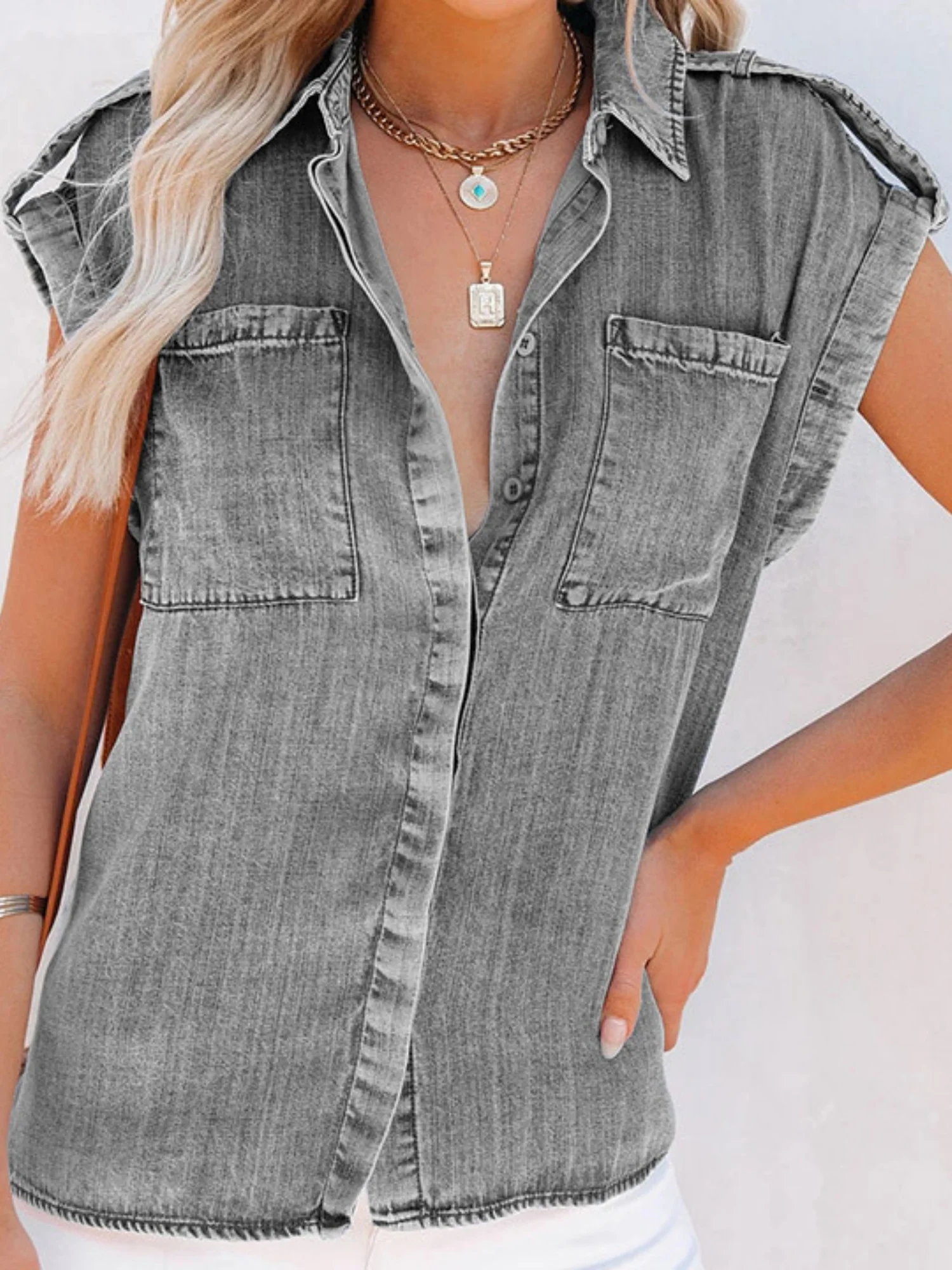 Denim Lapel Pocket Buttons Short-sleeved Shirt - Image 3