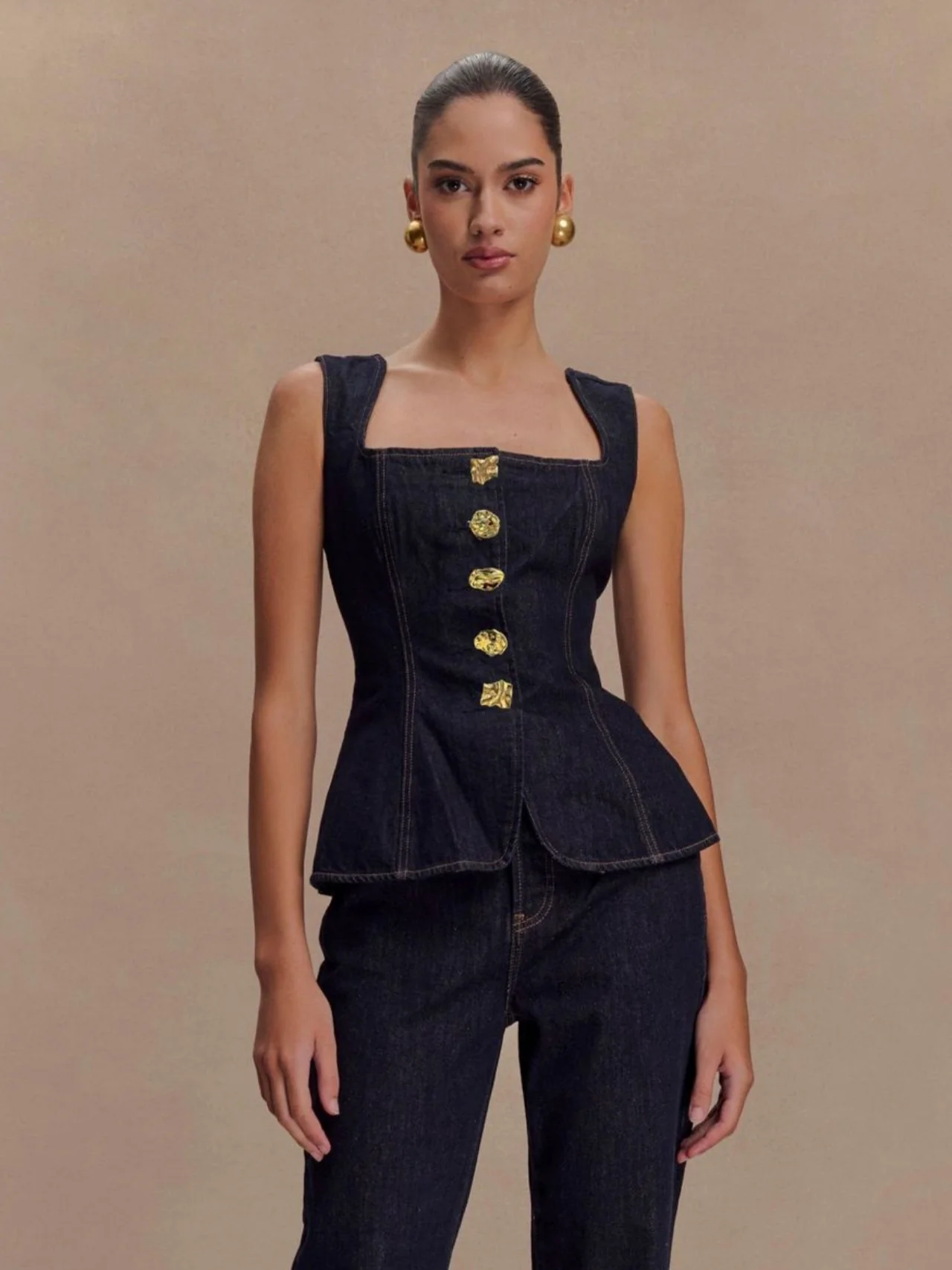 Sleeveless High-waisted Buttons Denim Vest And Trousers 2-piece Sets - Image 2