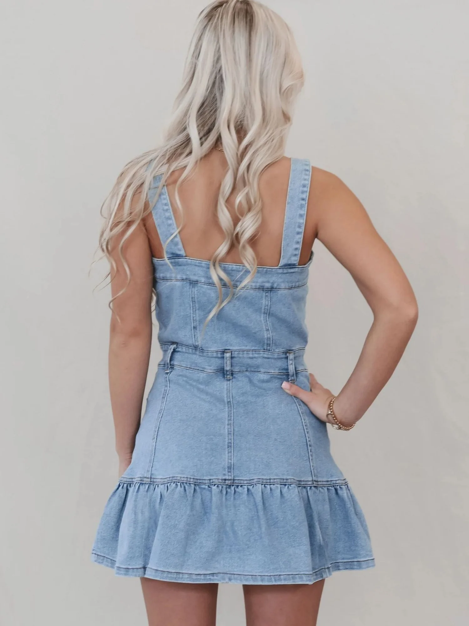 Denim Ruffle Buttons Spaghetti Strap Waist Mini&Short Dresses - Image 2
