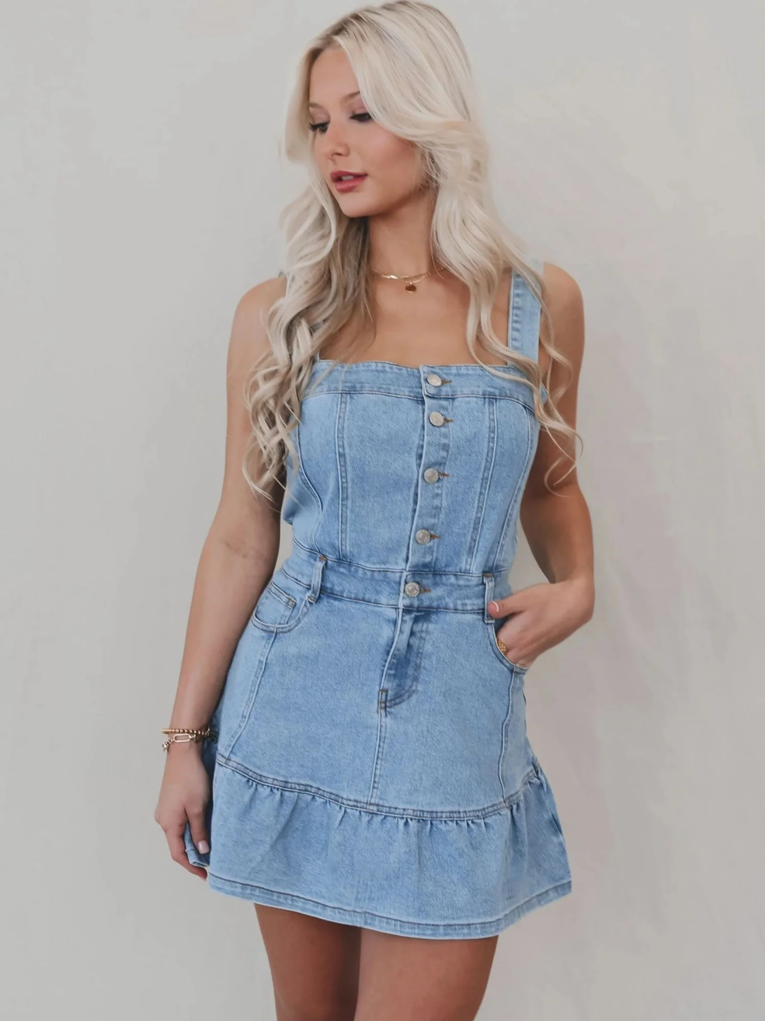 Denim Ruffle Buttons Spaghetti Strap Waist Mini&Short Dresses - Image 4