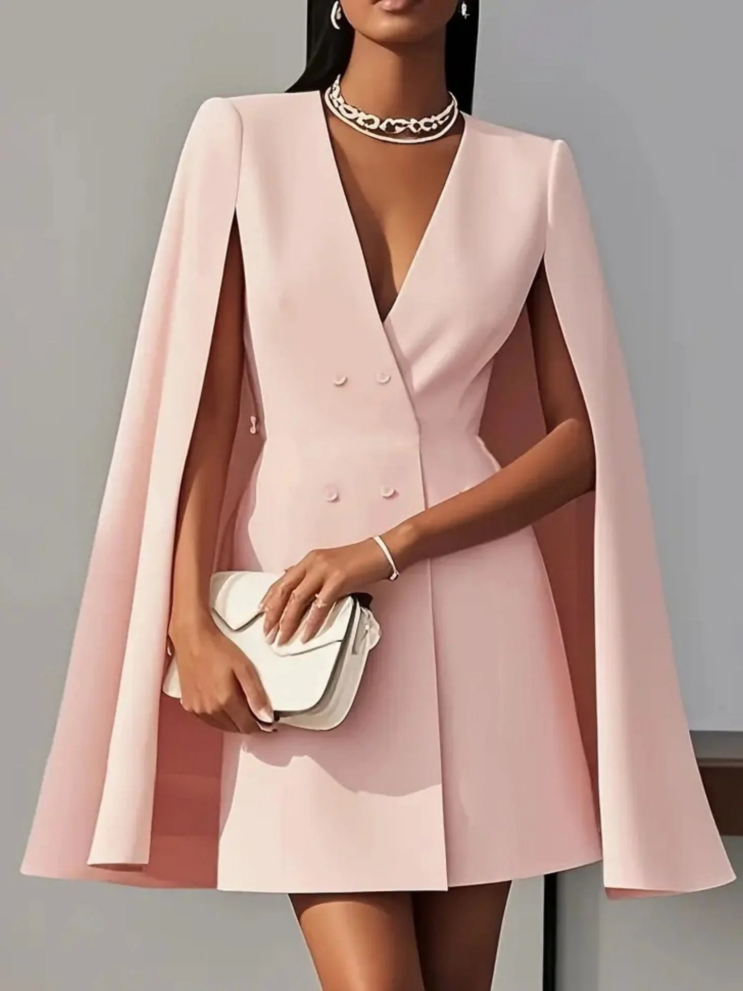 Double-breasted Shawl Cloak Solid Color Blazers Dress - Image 2