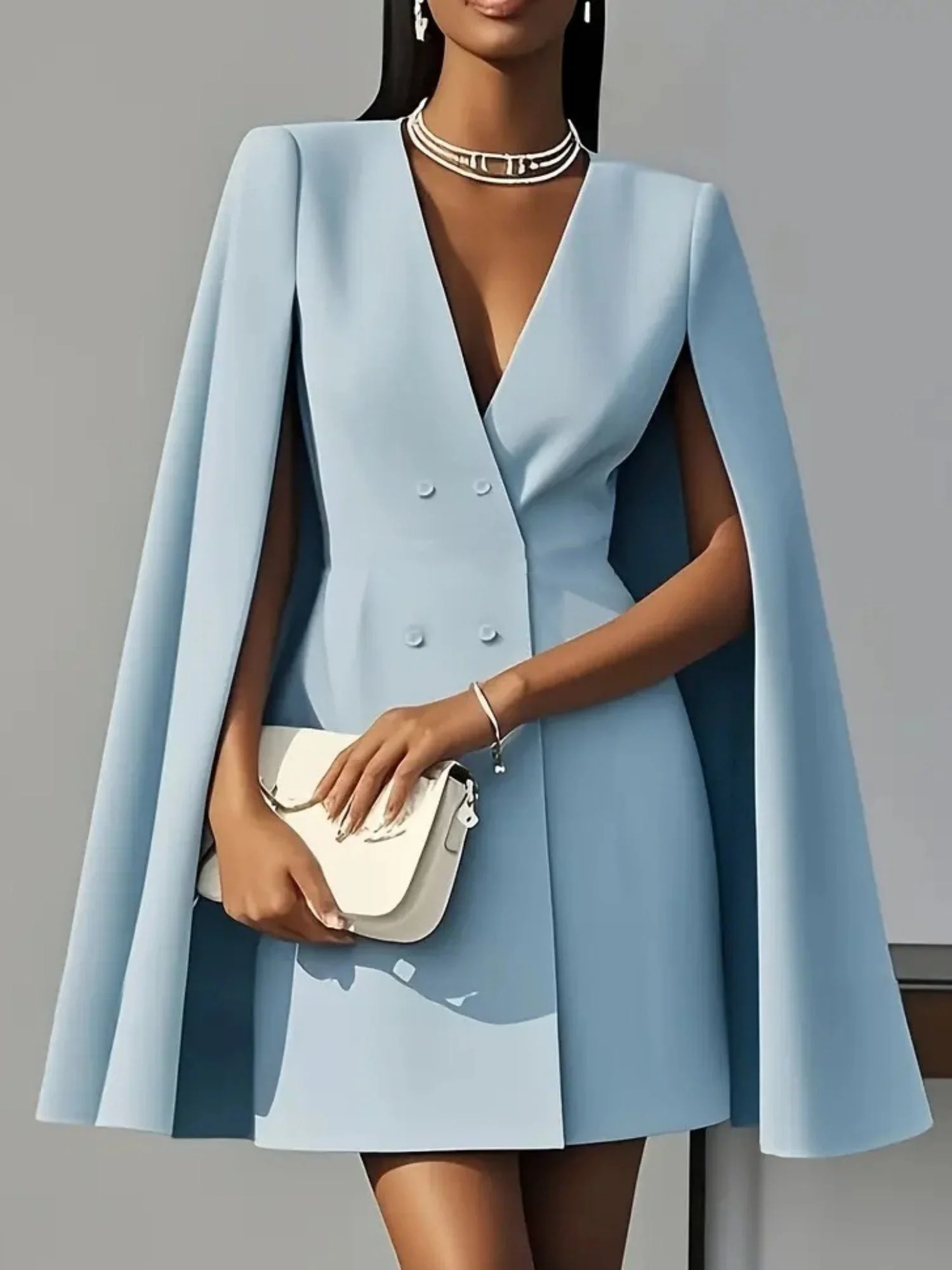 Double-breasted Shawl Cloak Solid Color Blazers Dress - Image 3