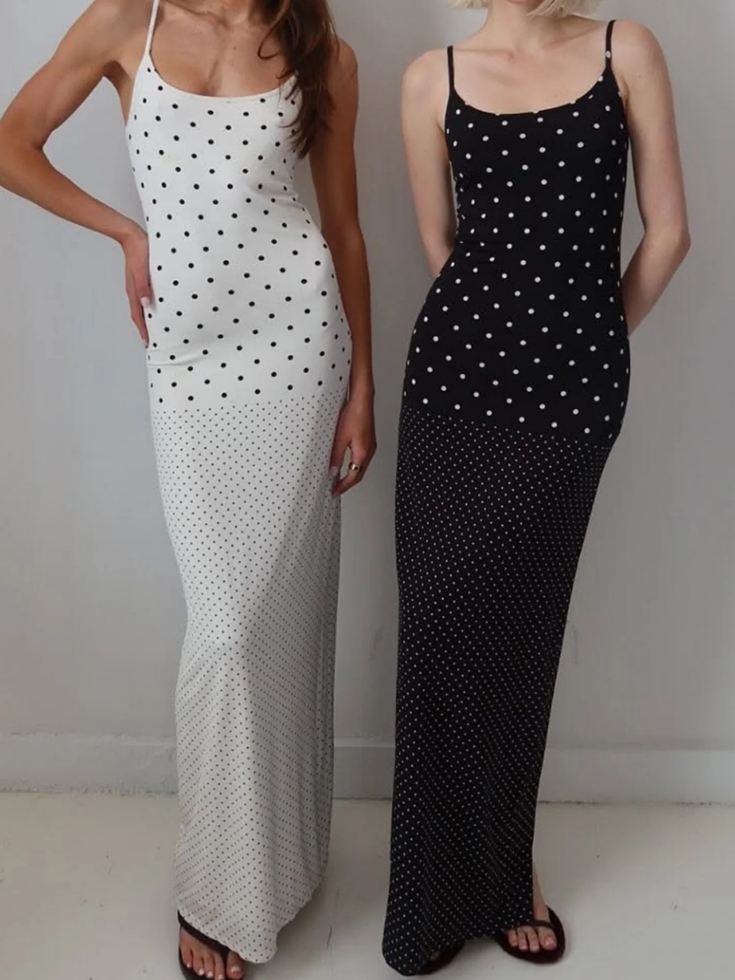 Polka Dots Spaghetti Strap Backless Bodycon Slimming Maxi Dresses - Image 3