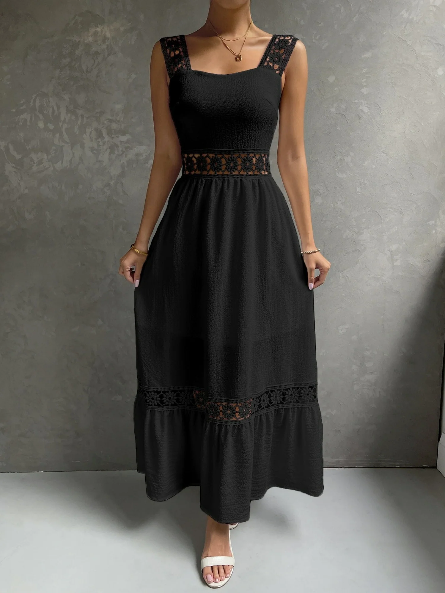 Lace Cutout Trim Sleeveless Patchwork Slim Fit Maxi Dresses - Image 5