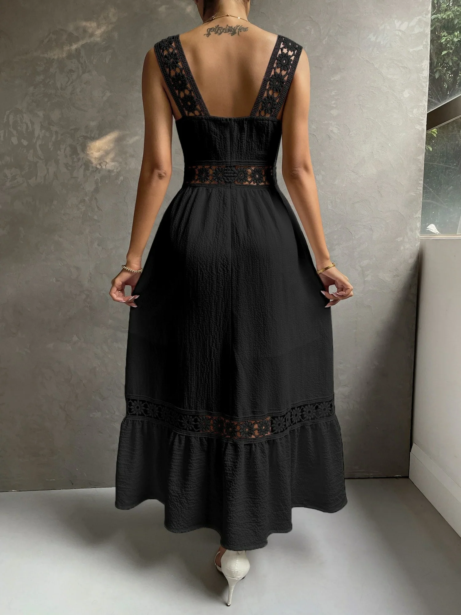 Lace Cutout Trim Sleeveless Patchwork Slim Fit Maxi Dresses - Image 6