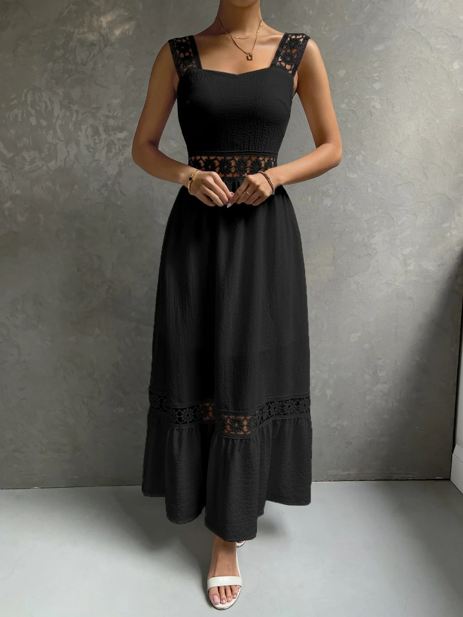 Lace Cutout Trim Sleeveless Patchwork Slim Fit Maxi Dresses - Image 7