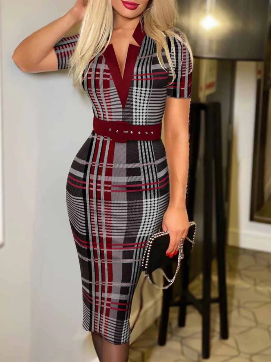 V-neck Hip-hugging Belts Plaid Midi Dresses - Image 11