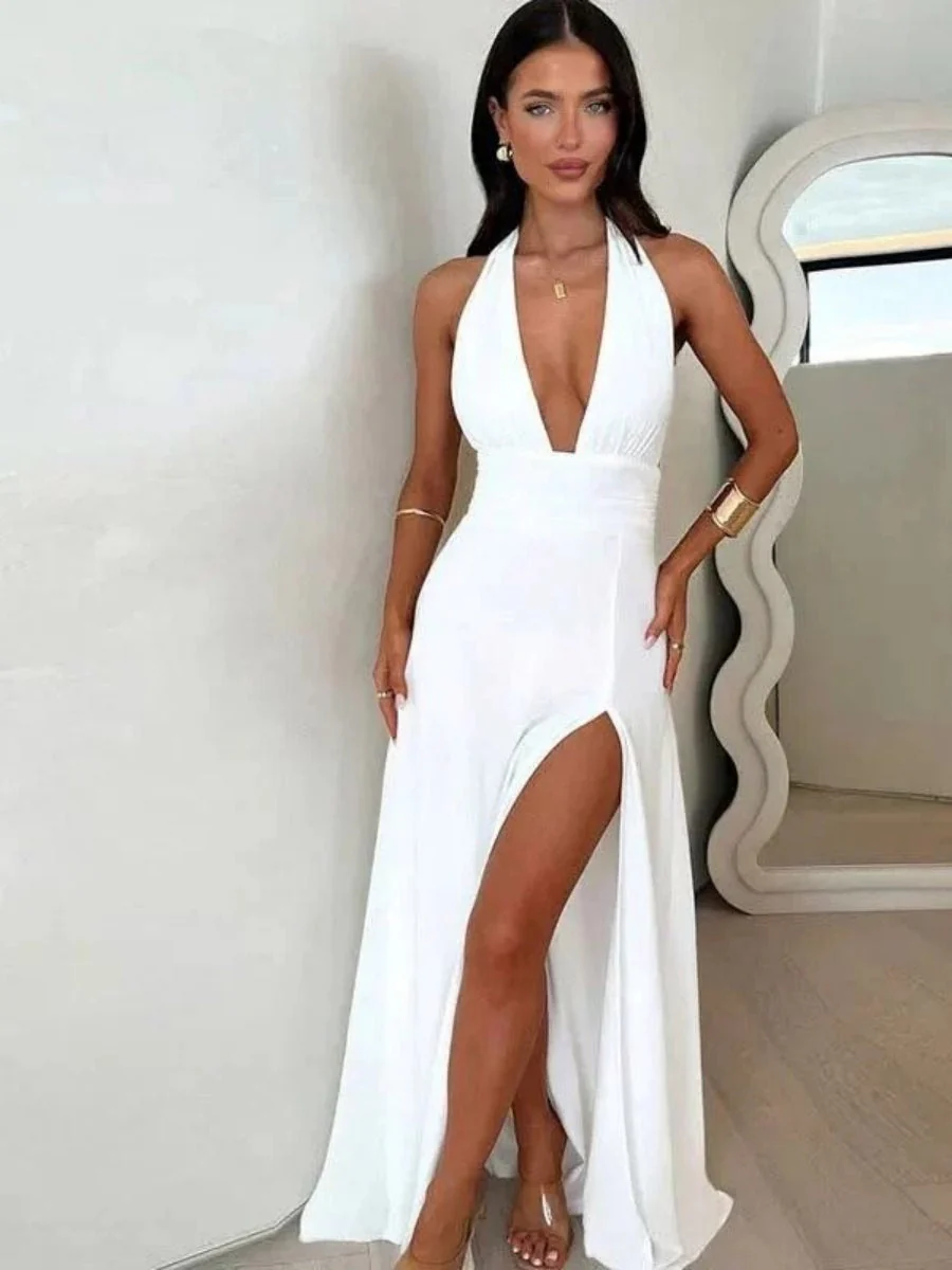 Halter Neck V-neck Slit Sleeveless Sexy Party Long Dress - Image 3