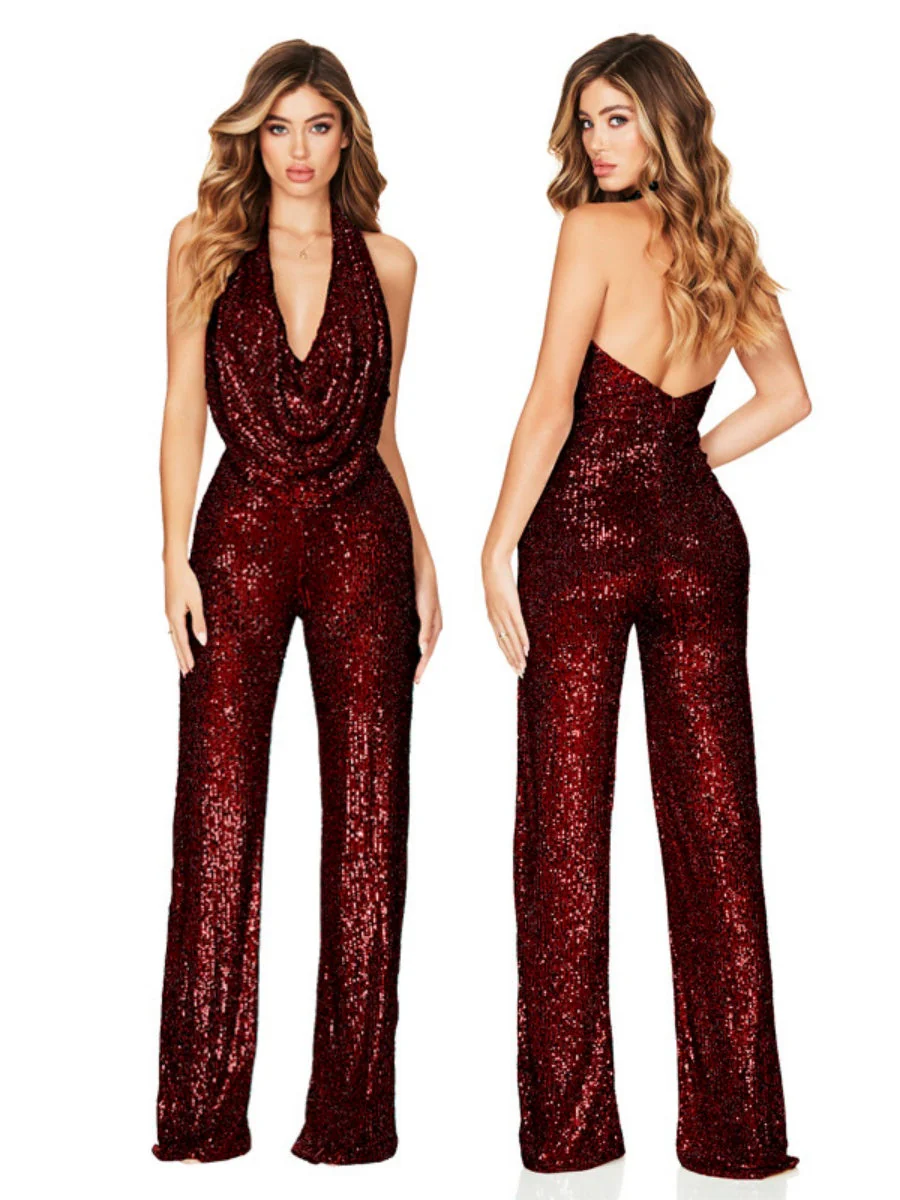 Sleeveless Halter Sequined Jumpsuit - Image 6