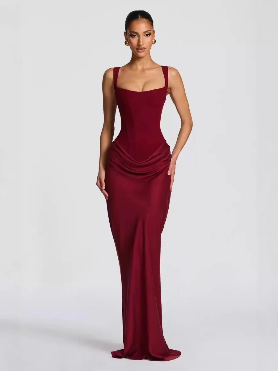 Fish Bones Waist Corset Pleated Camisoles Sleeveless Hip-hugging Maxi Dresses - Image 5