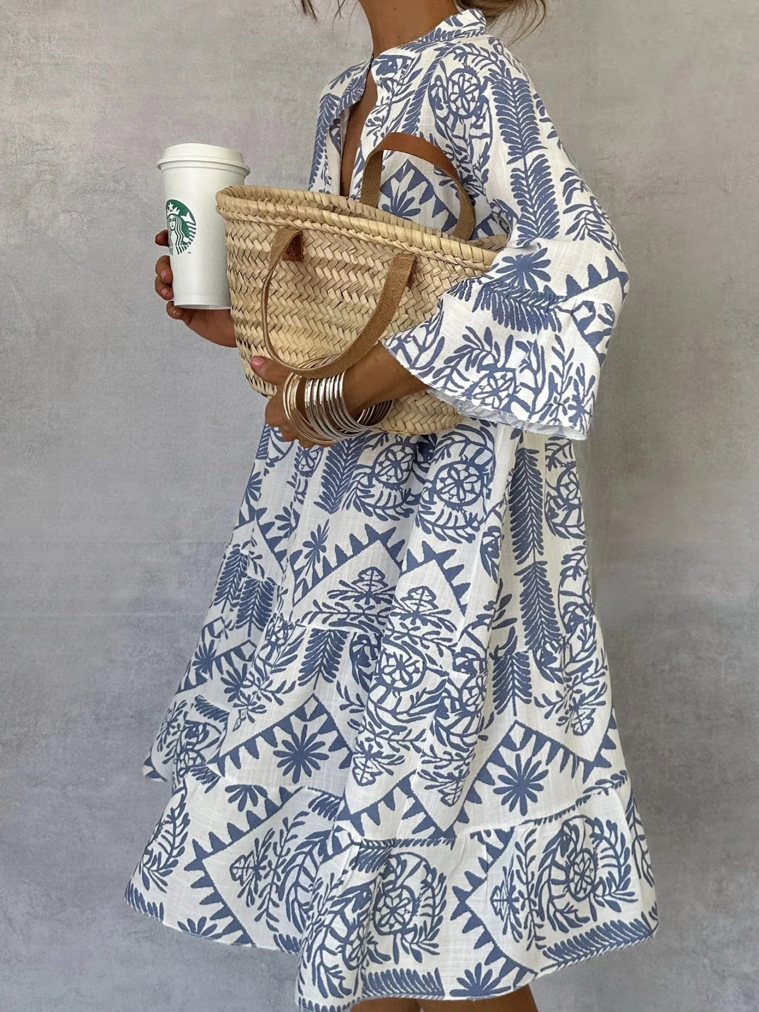 Floral Print Three-quarter Sleeves Shirt Dress - Image 3
