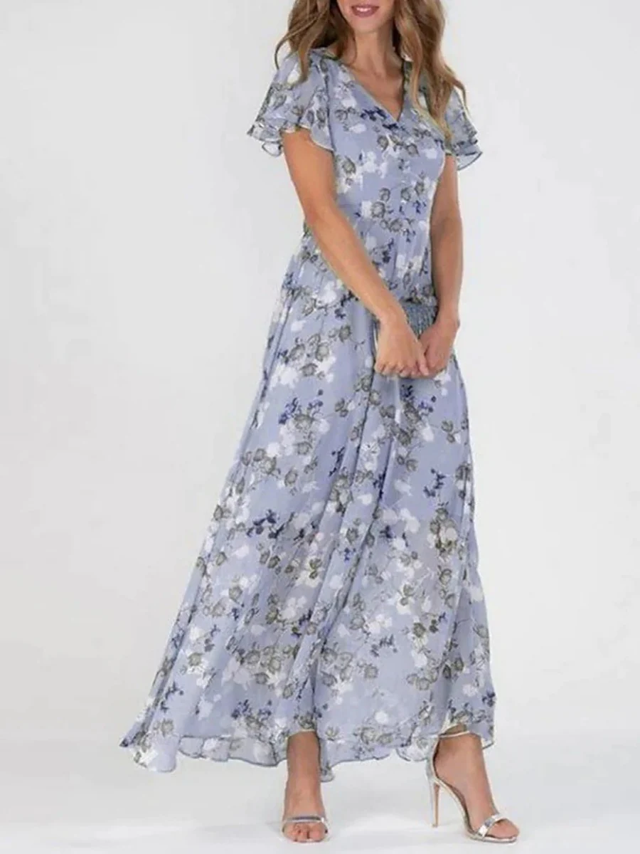 Chiffon Floral Print Short-sleeved Ruffled V-neck Long Dress - Image 4