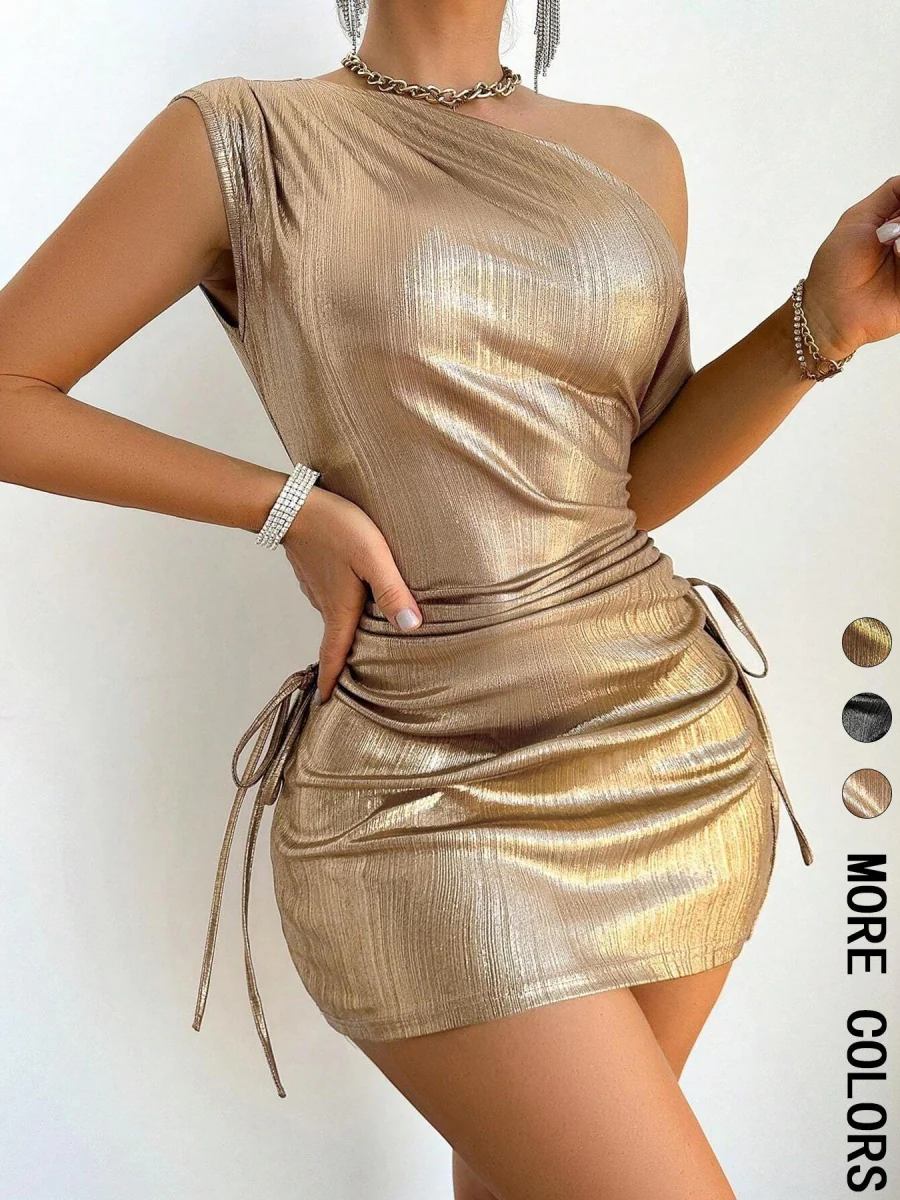 Solid Color Asymmetrical Shoulder Pleated PU Leather Short Dress - Image 7