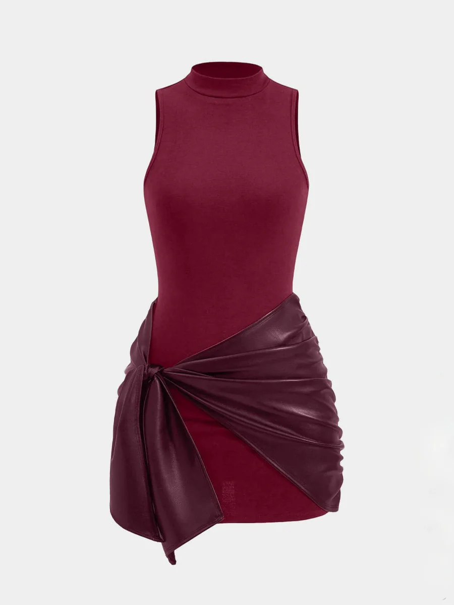 Sleeveless Mini Dress With Front Tie And PU Trim Two-piece Set - Image 6