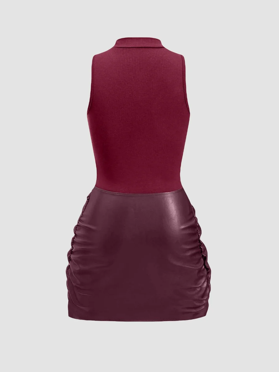 Sleeveless Mini Dress With Front Tie And PU Trim Two-piece Set - Image 7