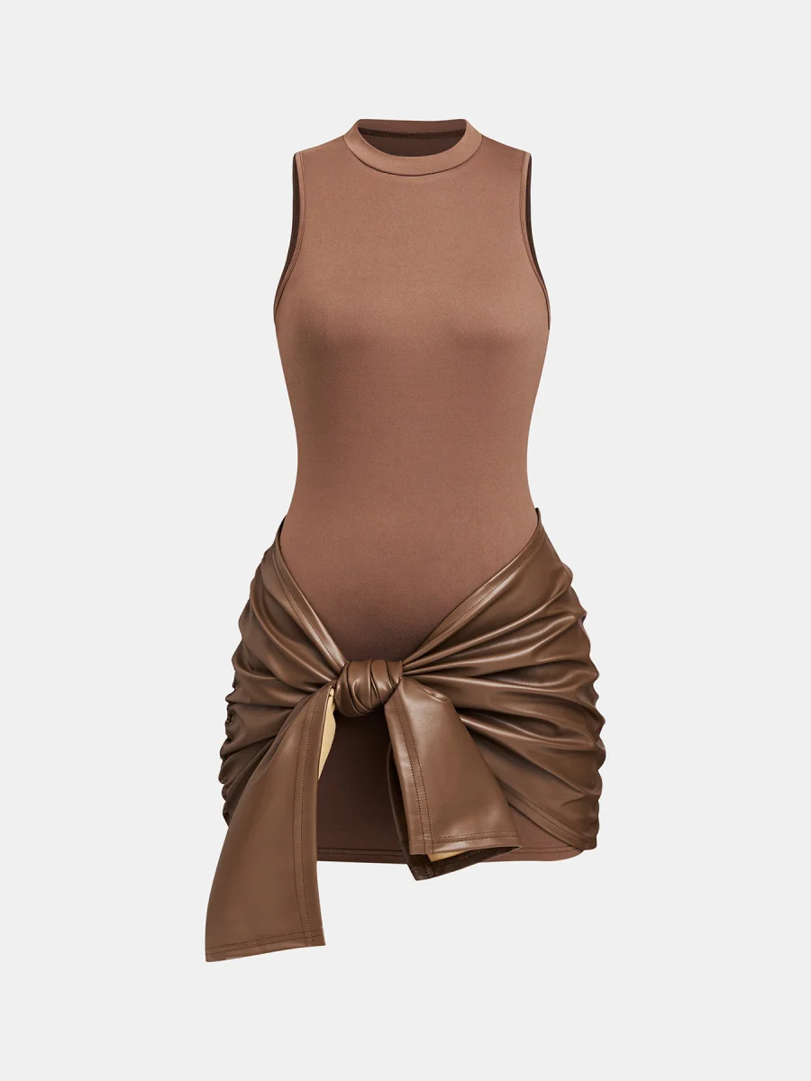 Sleeveless Mini Dress With Front Tie And PU Trim Two-piece Set - Image 8