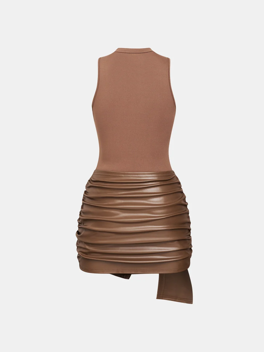 Sleeveless Mini Dress With Front Tie And PU Trim Two-piece Set - Image 9