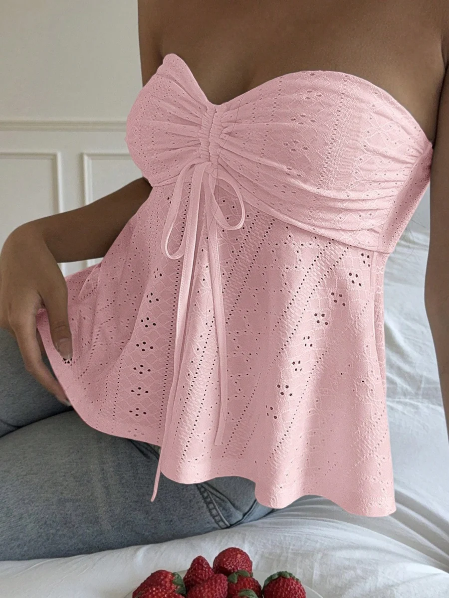 Drawstring Bow Openwork Strapless Vest - Image 8