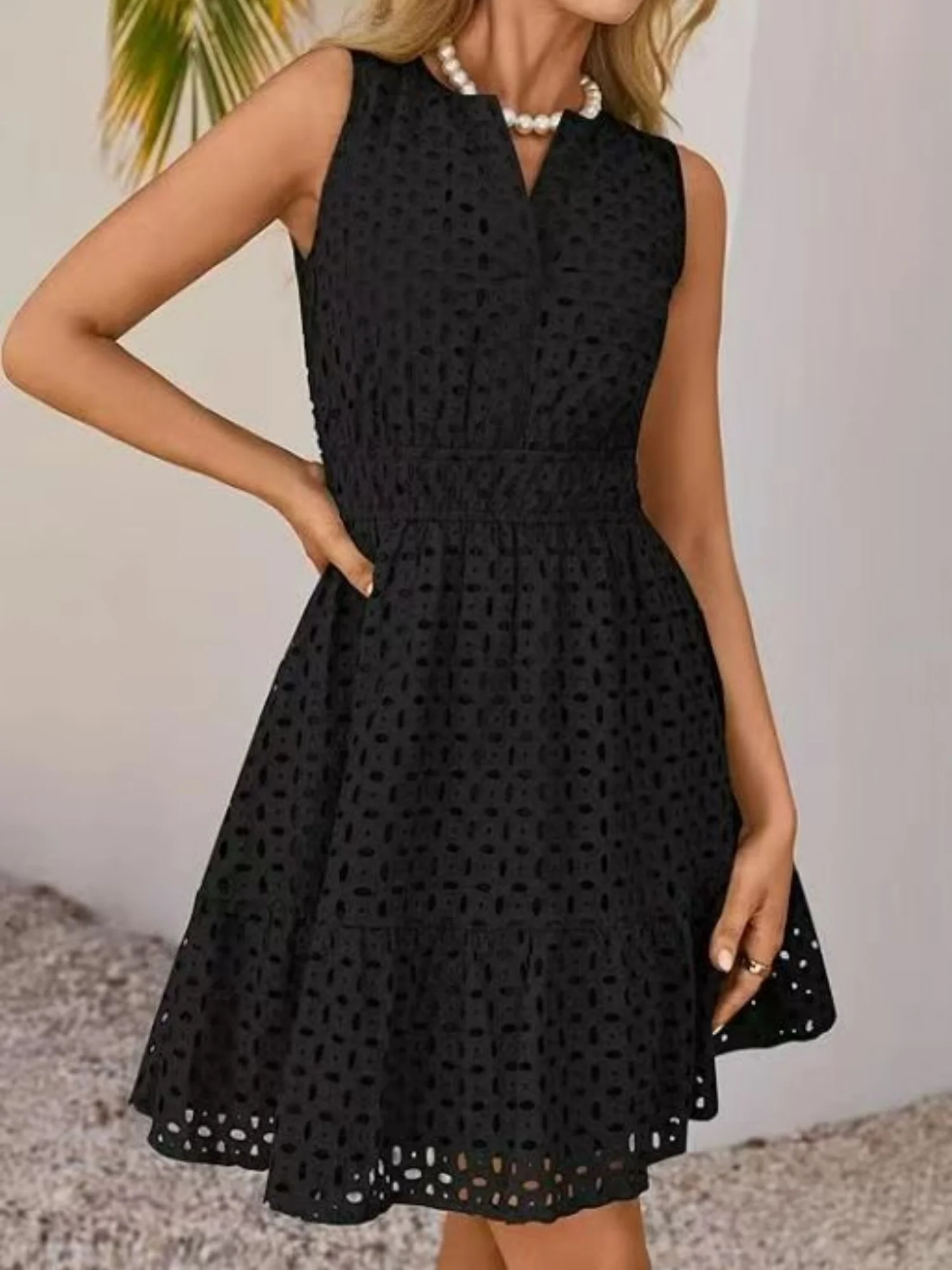 Hollow Holes V-neck Sleeveless A-line Skirt Mini&Short Dresses - Image 6