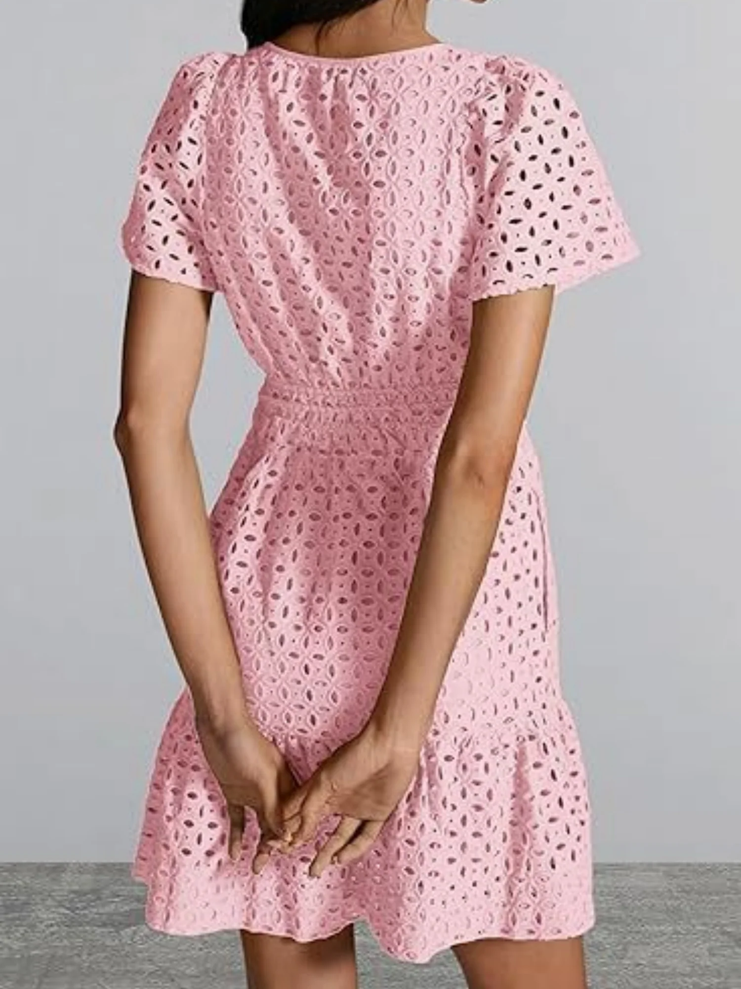 Lace Cutout V-neck Short Sleeve A-line Short Dress - Image 2