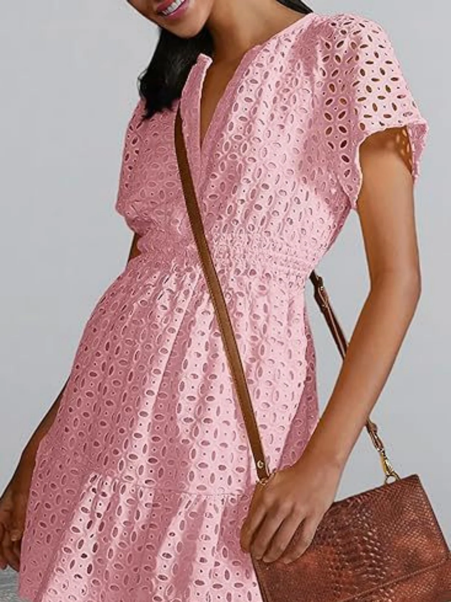 Lace Cutout V-neck Short Sleeve A-line Short Dress - Image 3